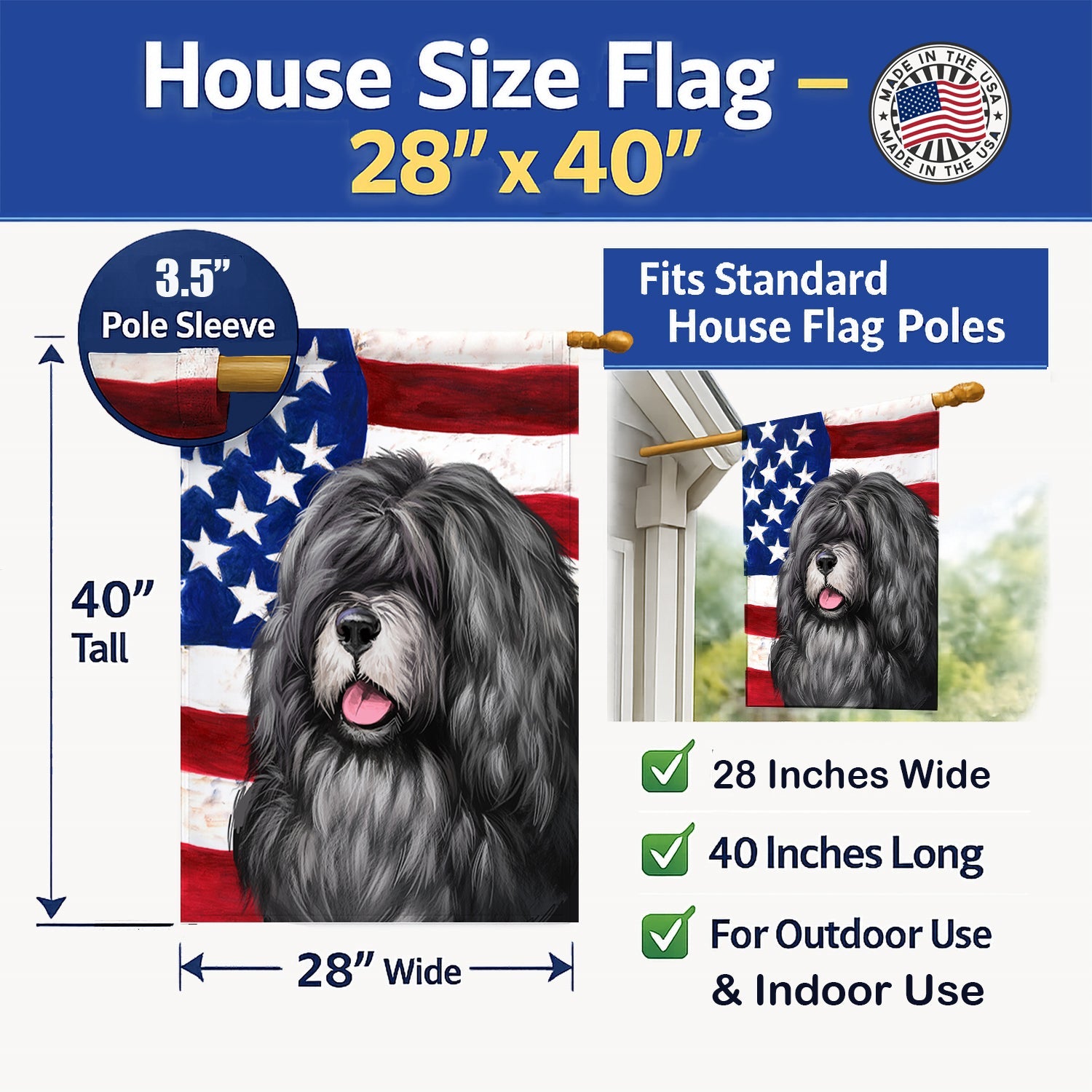 Portuguese Sheepdog American Flag House Flag 28x40 Porch Sleeve Pole Decorative Outside Yard Banner Artwork Wall Hanging, Polyester