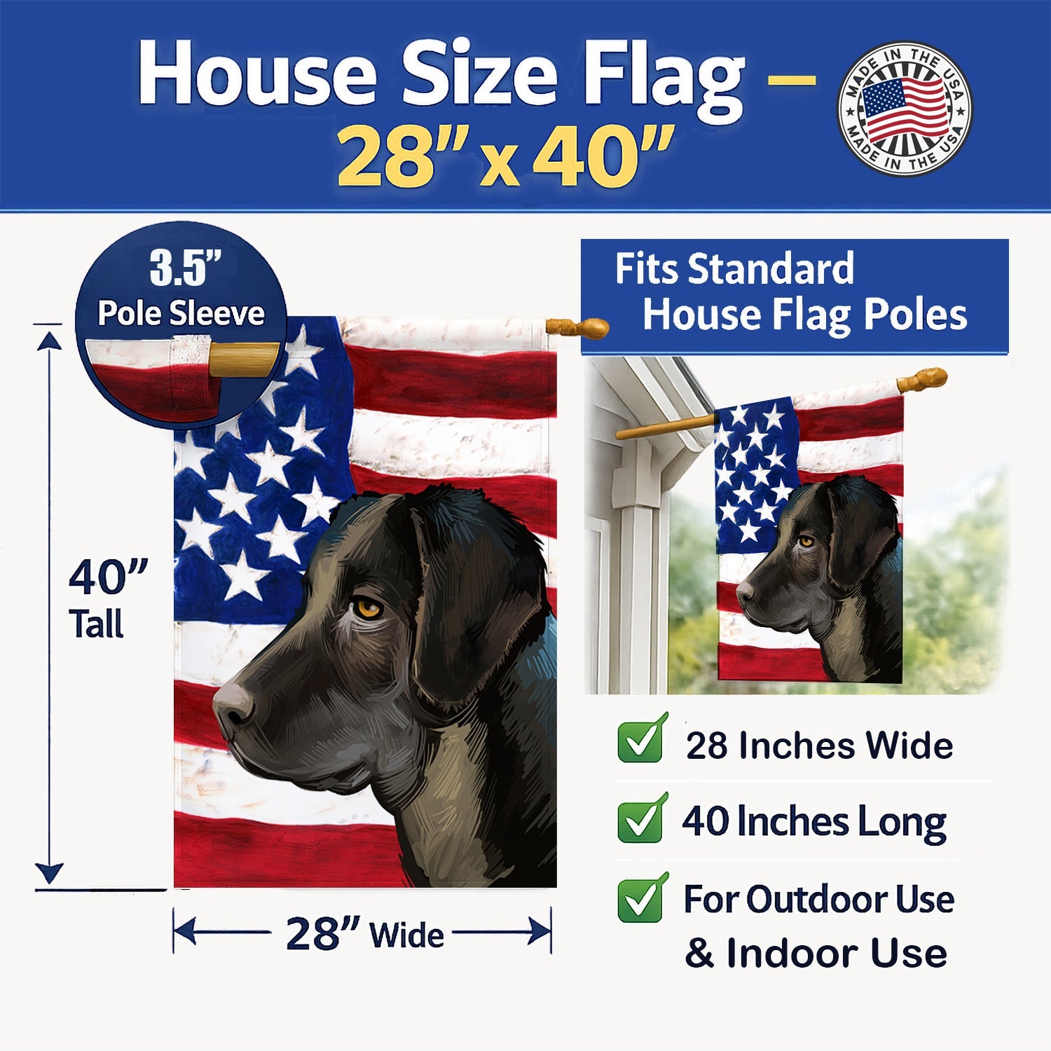 Portuguese Cattle Dog American Flag House Flag 28x40 Porch Sleeve Pole Decorative Outside Yard Banner Artwork Wall Hanging, Polyester