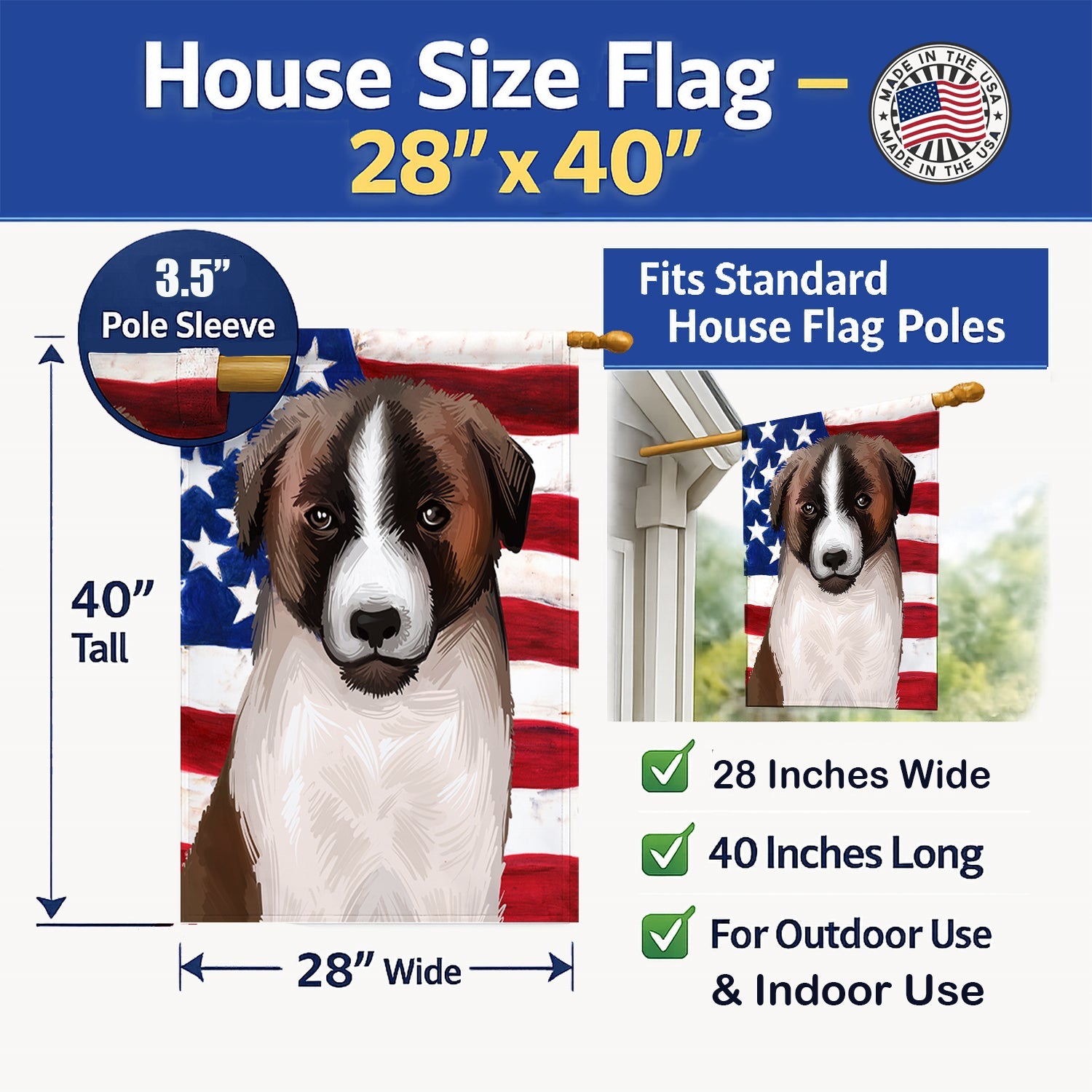 Cao de Gado Transmontano American Flag House Flag 28x40 Porch Sleeve Pole Decorative Outside Yard Banner Artwork Wall Hanging, Polyester