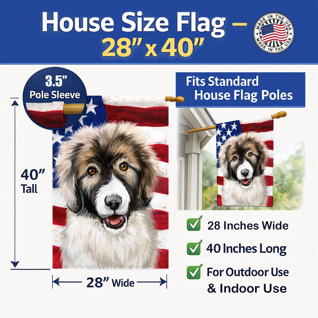 Carpathian Shepherd Dog American Flag House Flag 28x40 Porch Sleeve Pole Decorative Outside Yard Banner Artwork Wall Hanging, Polyester