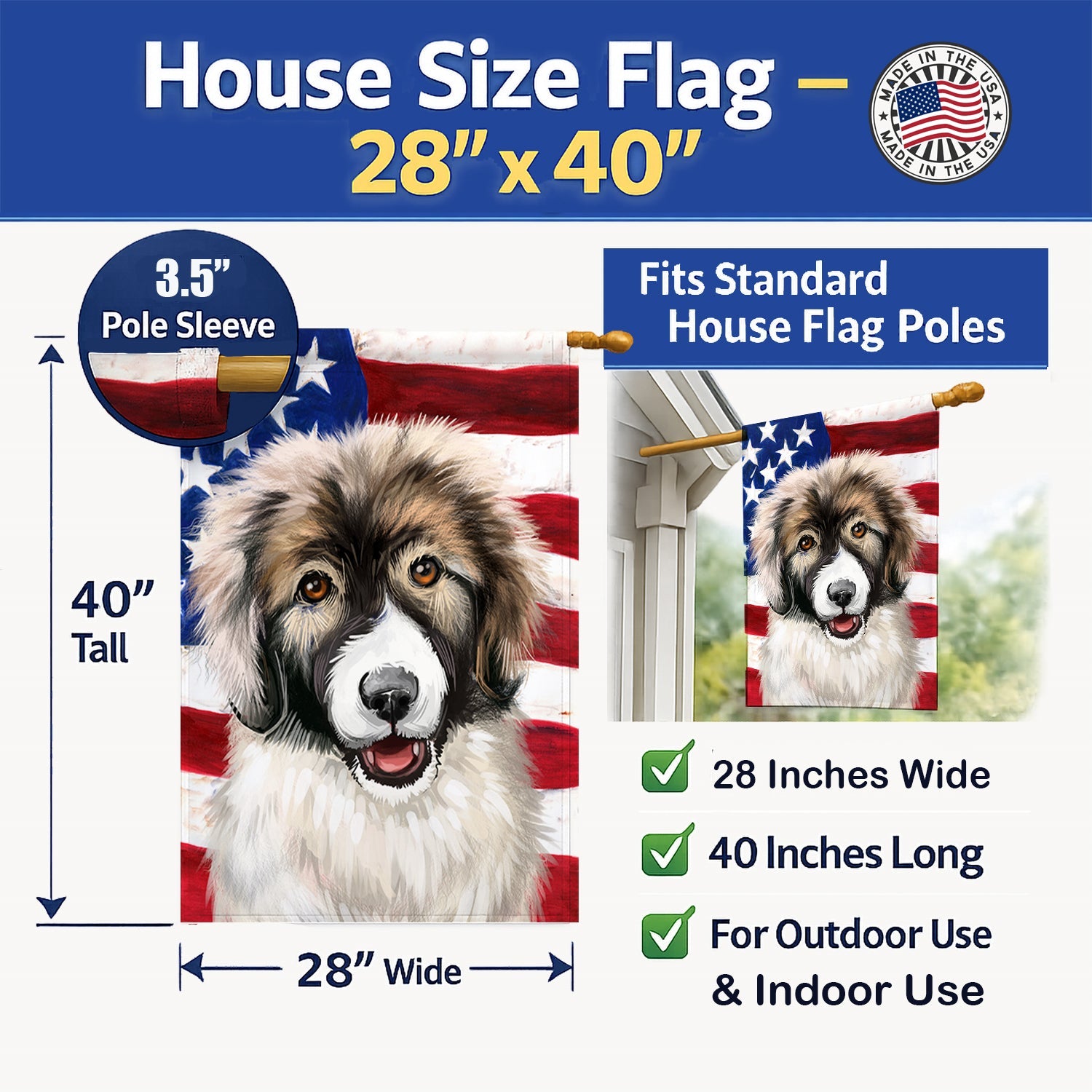 Carpathian Shepherd Dog American Flag House Flag 28x40 Porch Sleeve Pole Decorative Outside Yard Banner Artwork Wall Hanging, Polyester