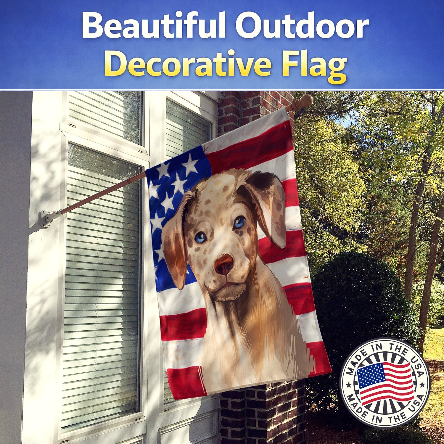 Catahoula Leopard Dog American Flag House Flag 28x40 Porch Sleeve Pole Decorative Outside Yard Banner Artwork Wall Hanging, Polyester