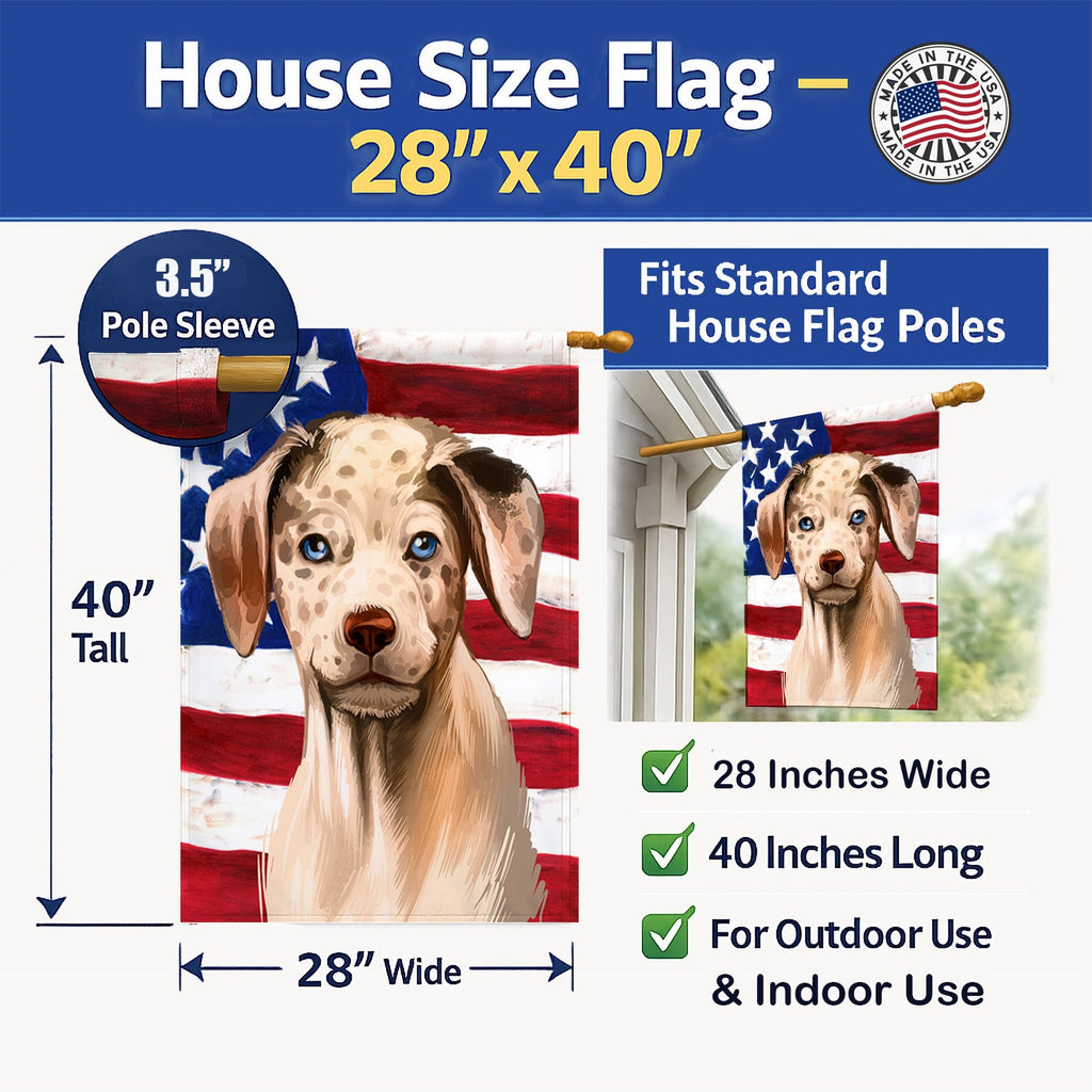 Catahoula Leopard Dog American Flag House Flag 28x40 Porch Sleeve Pole Decorative Outside Yard Banner Artwork Wall Hanging, Polyester