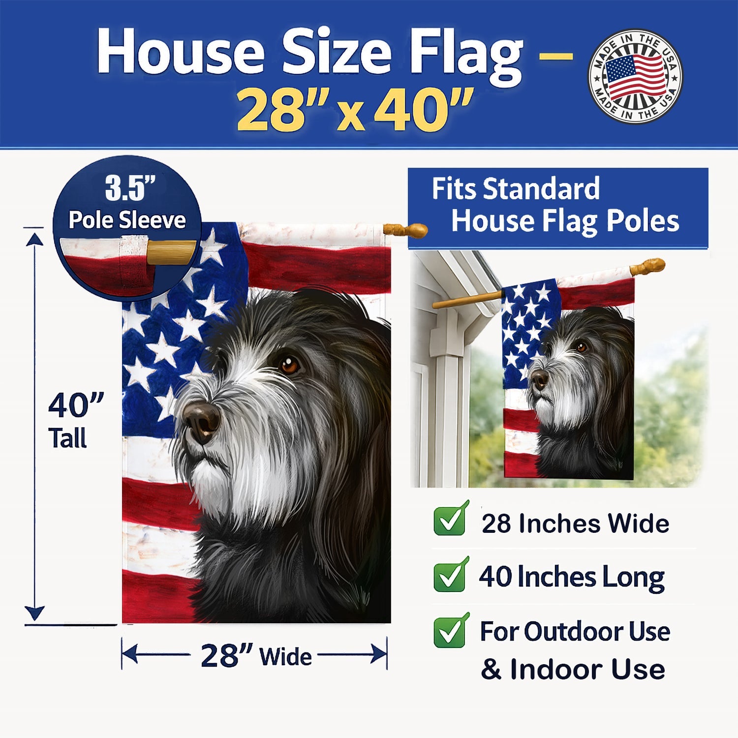 Catalan Sheepdog Dog American Flag House Flag 28x40 Porch Sleeve Pole Decorative Outside Yard Banner Artwork Wall Hanging, Polyester