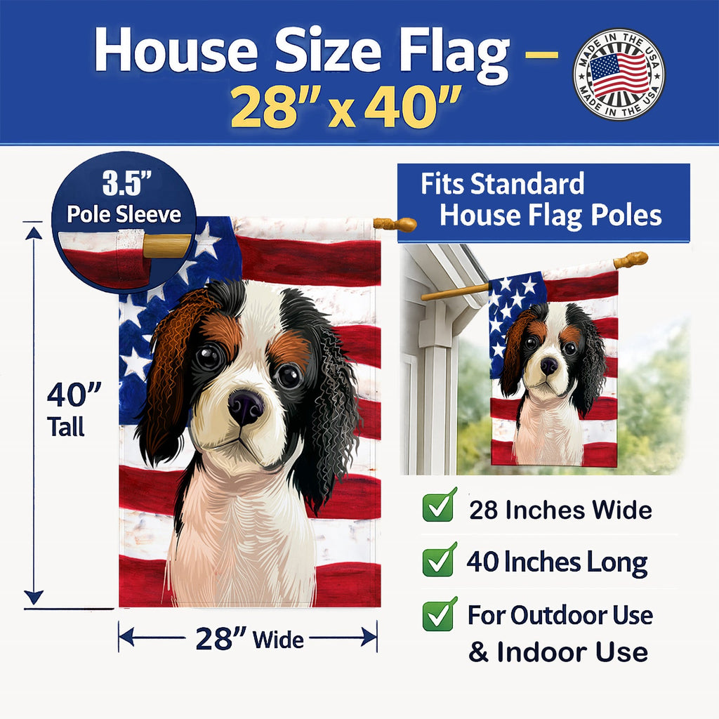 Cavalier Spaniel American Flag House Flag 28x40 Porch Sleeve Pole Decorative Outside Yard Banner Artwork Wall Hanging, Polyester