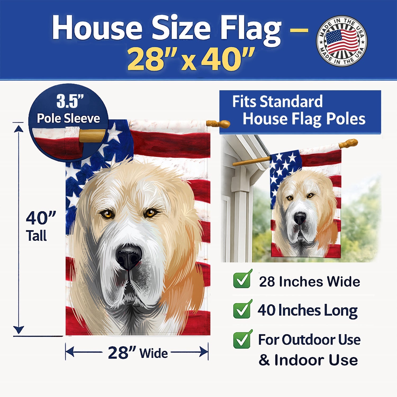Central Asian Shepherd Dog American Flag House Flag 28x40 Porch Sleeve Pole Decorative Outside Yard Banner Artwork Wall Hanging, Polyester
