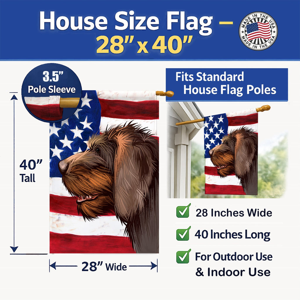 Cesky Fousek Dog American Flag House Flag 28x40 Porch Sleeve Pole Decorative Outside Yard Banner Artwork Wall Hanging, Polyester