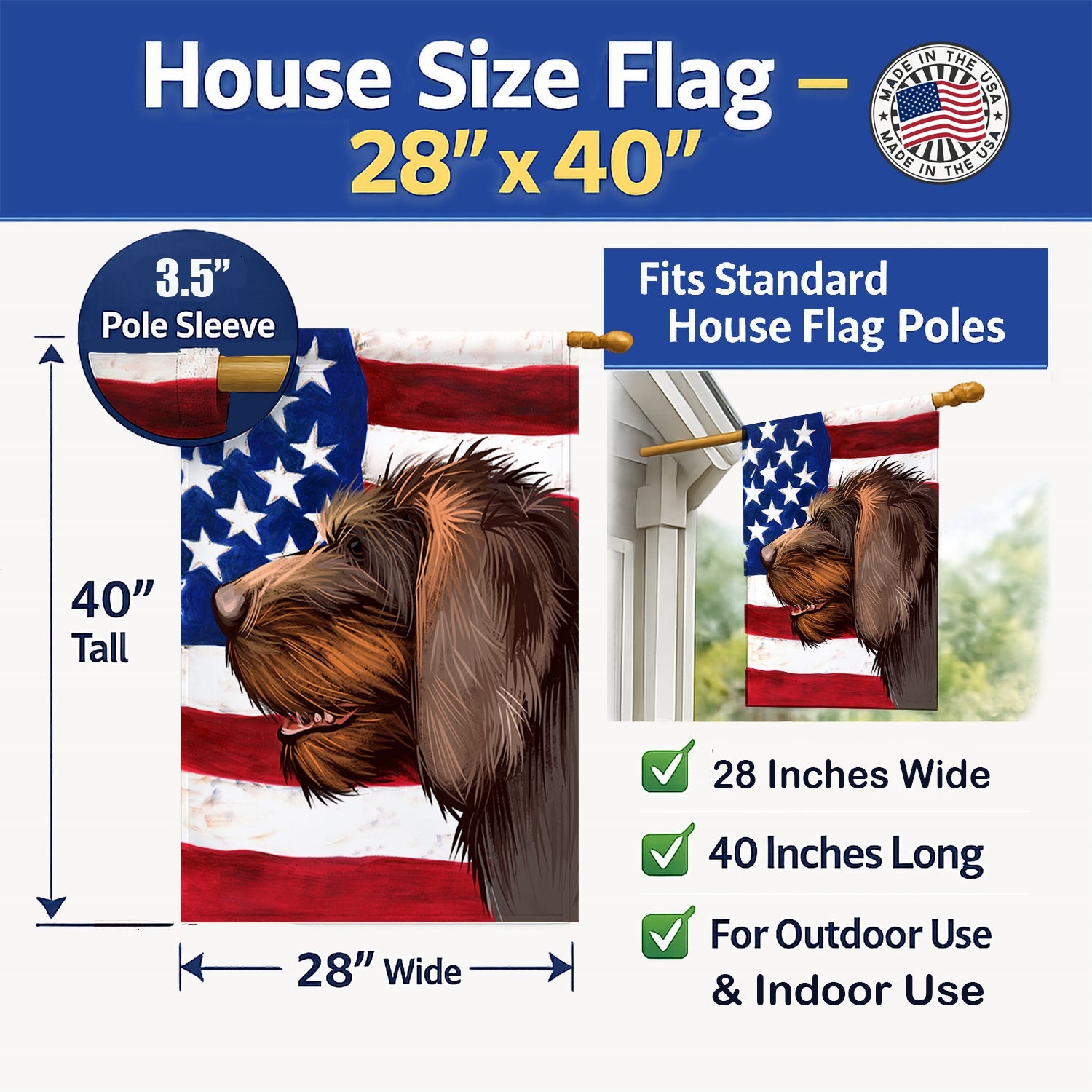 Cesky Fousek Dog American Flag House Flag 28x40 Porch Sleeve Pole Decorative Outside Yard Banner Artwork Wall Hanging, Polyester