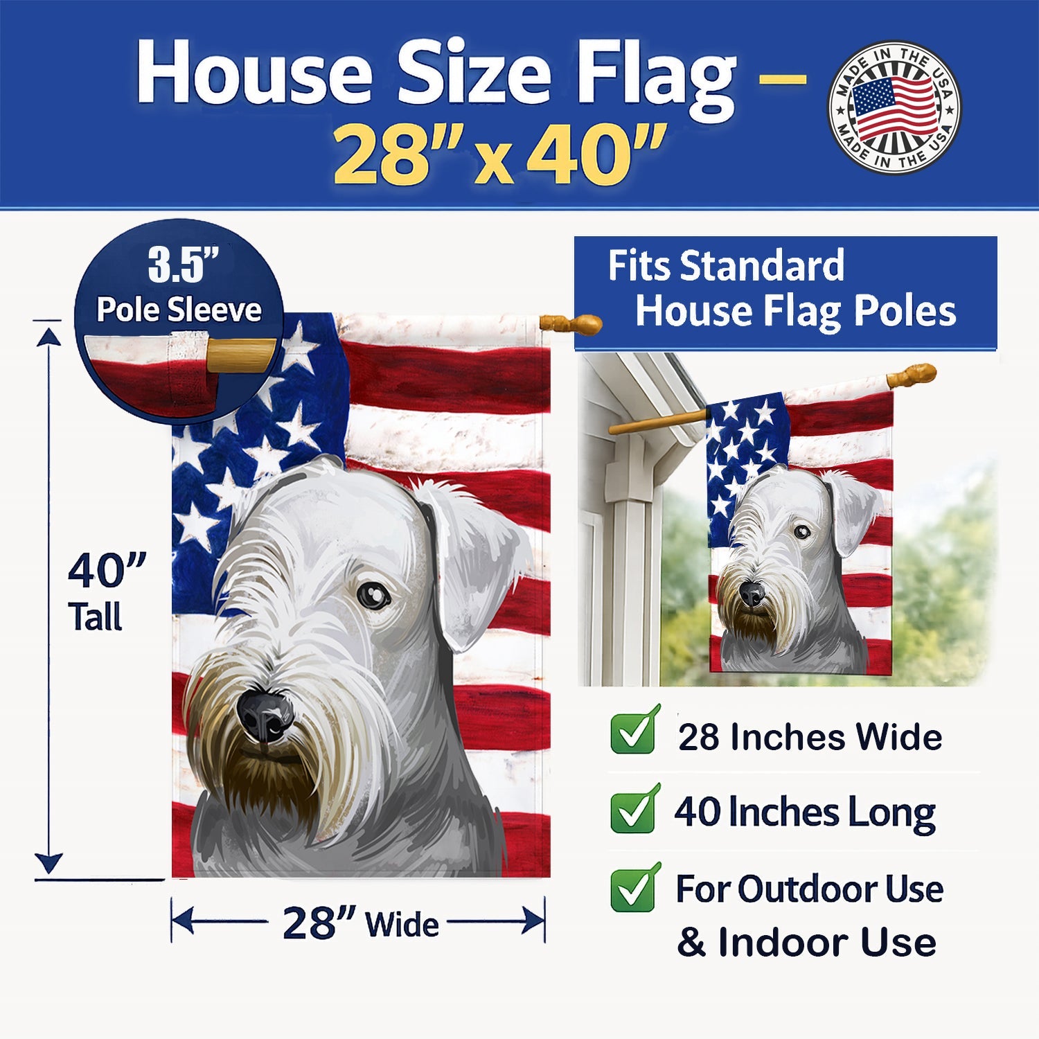 Cesky Terrier Dog American Flag House Flag 28x40 Porch Sleeve Pole Decorative Outside Yard Banner Artwork Wall Hanging, Polyester