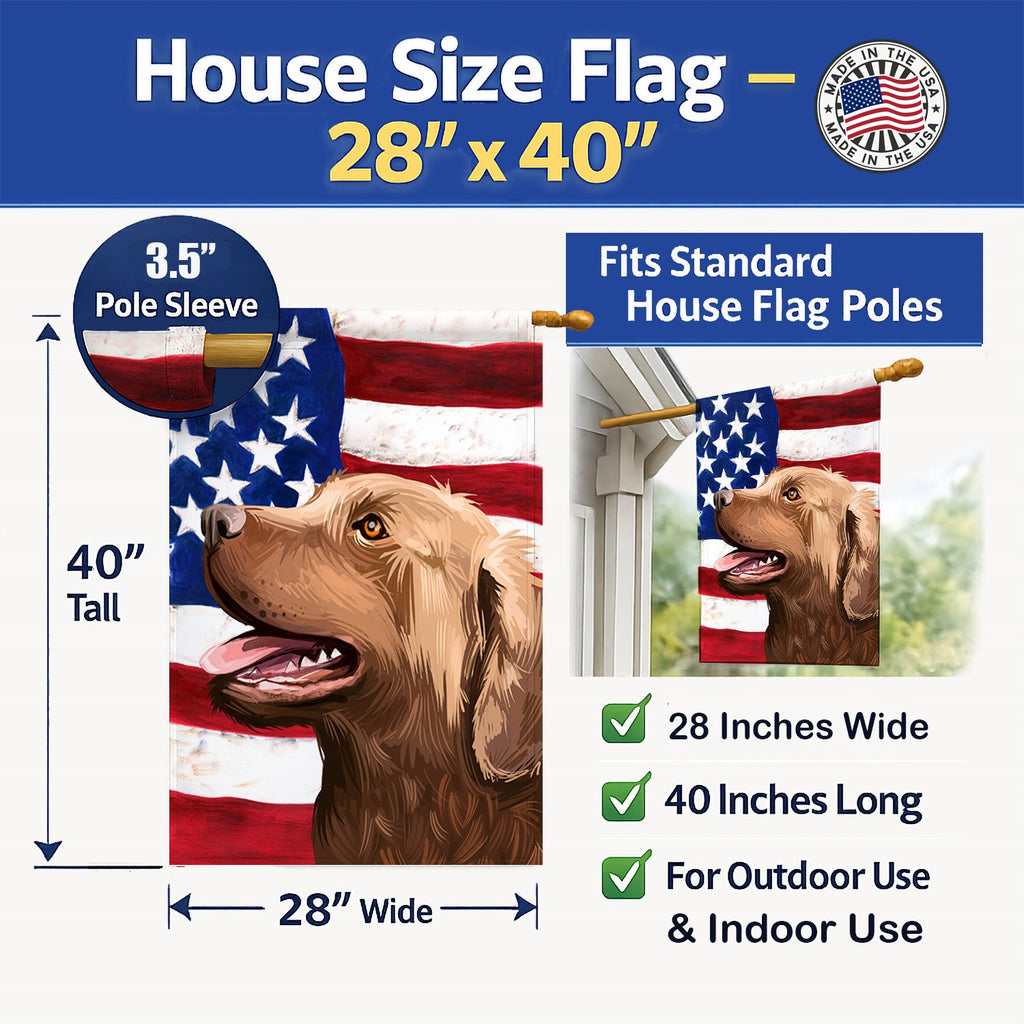 Chesapeake Bay Retriever American Flag House Flag 28x40 Porch Sleeve Pole Decorative Outside Yard Banner Artwork Wall Hanging, Polyester