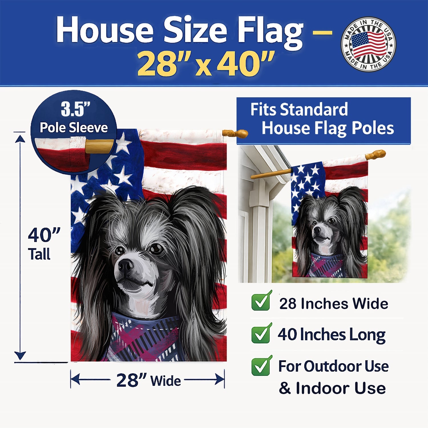 Chinese Crested Dog American Flag House Flag 28x40 Porch Sleeve Pole Decorative Outside Yard Banner Artwork Wall Hanging, Polyester
