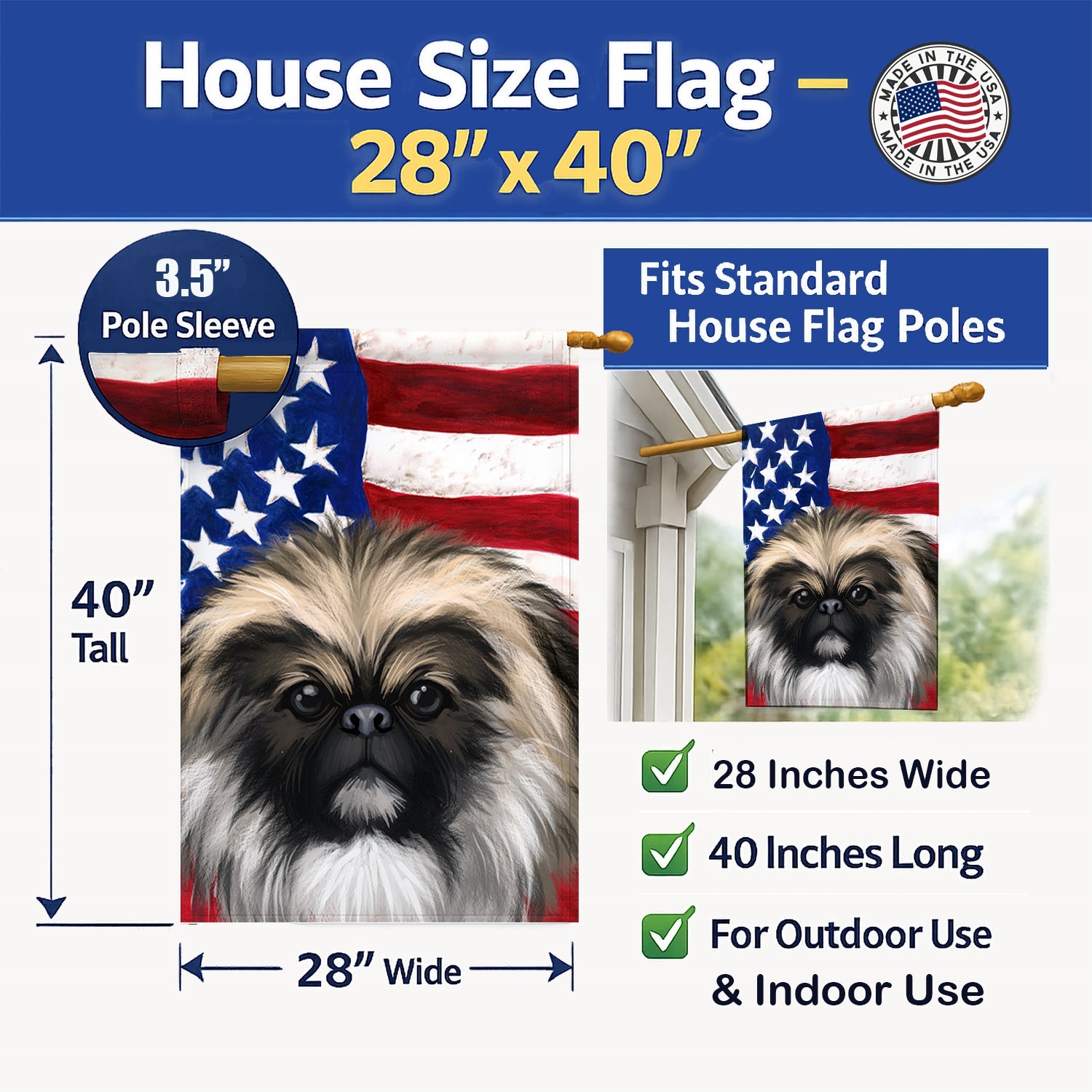Chinese Imperial Dog American Flag House Flag 28x40 Porch Sleeve Pole Decorative Outside Yard Banner Artwork Wall Hanging, Polyester