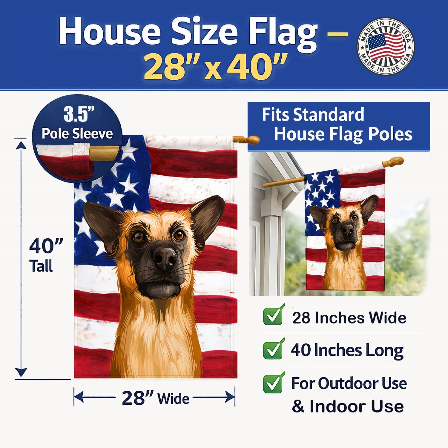 Chinook Dog American Flag House Flag 28x40 Porch Sleeve Pole Decorative Outside Yard Banner Artwork Wall Hanging, Polyester