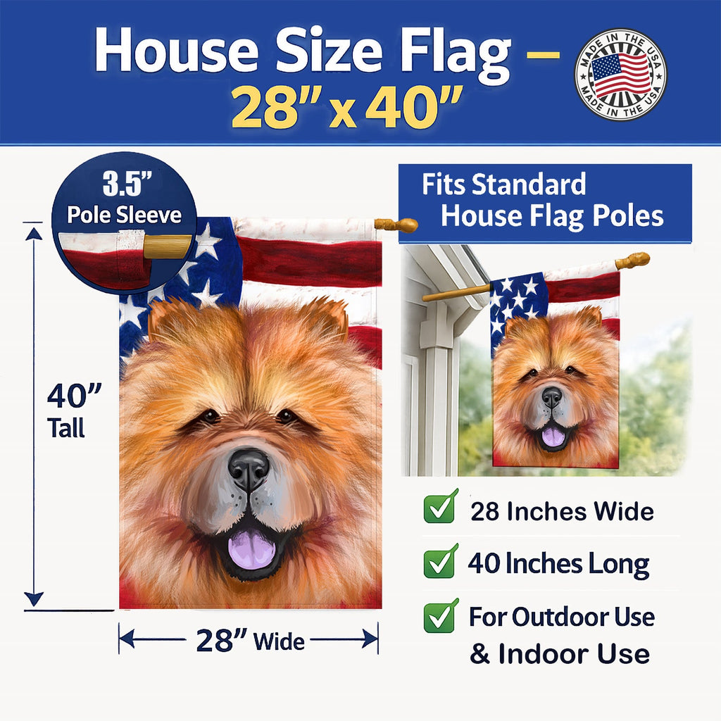 Chow Chow Dog American Flag House Flag 28x40 Porch Sleeve Pole Decorative Outside Yard Banner Artwork Wall Hanging, Polyester