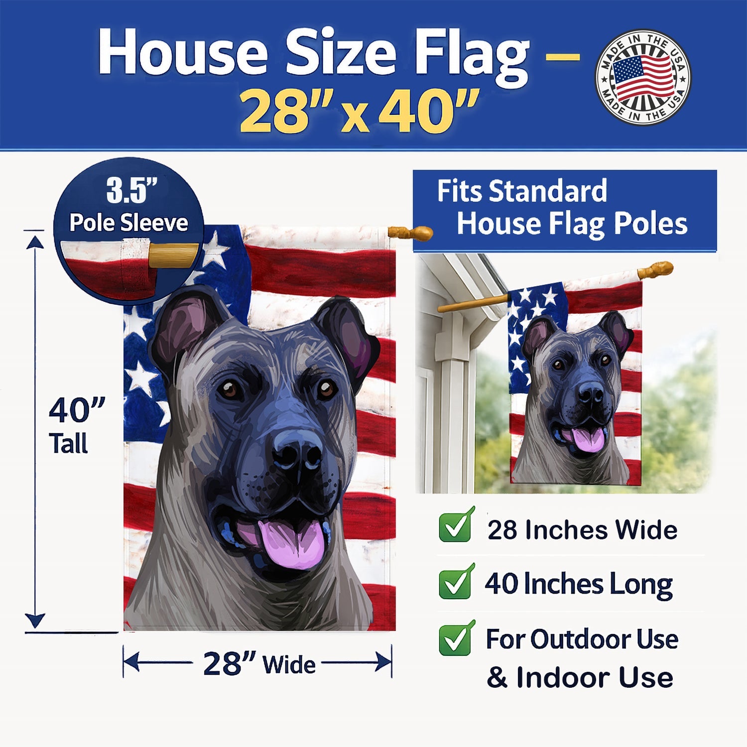 Cimarron Dog American Flag House Flag 28x40 Porch Sleeve Pole Decorative Outside Yard Banner Artwork Wall Hanging, Polyester