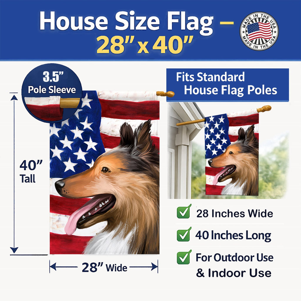 Collie Smooth Dog American Flag House Flag 28x40 Porch Sleeve Pole Decorative Outside Yard Banner Artwork Wall Hanging, Polyester