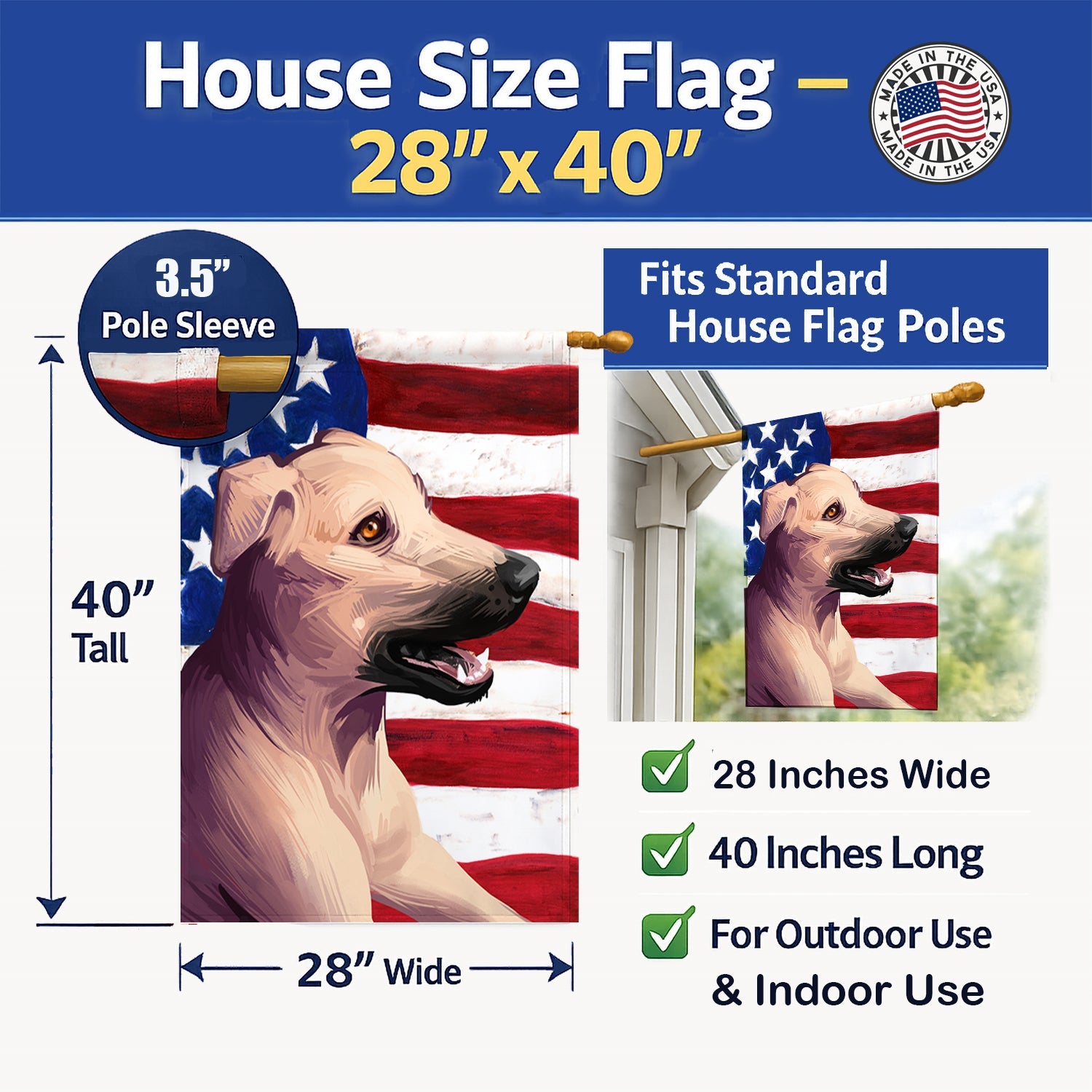 Combai Dog American Flag House Flag 28x40 Porch Sleeve Pole Decorative Outside Yard Banner Artwork Wall Hanging, Polyester
