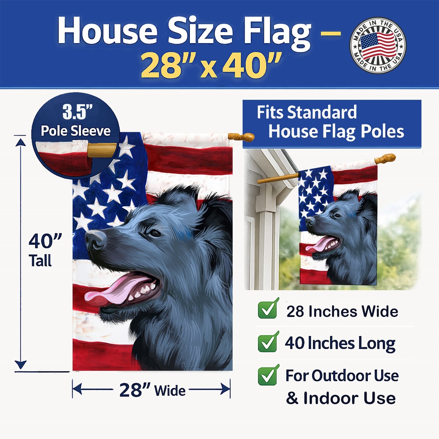 Croatian Sheepdog Dog American Flag House Flag 28x40 Porch Sleeve Pole Decorative Outside Yard Banner Artwork Wall Hanging, Polyester