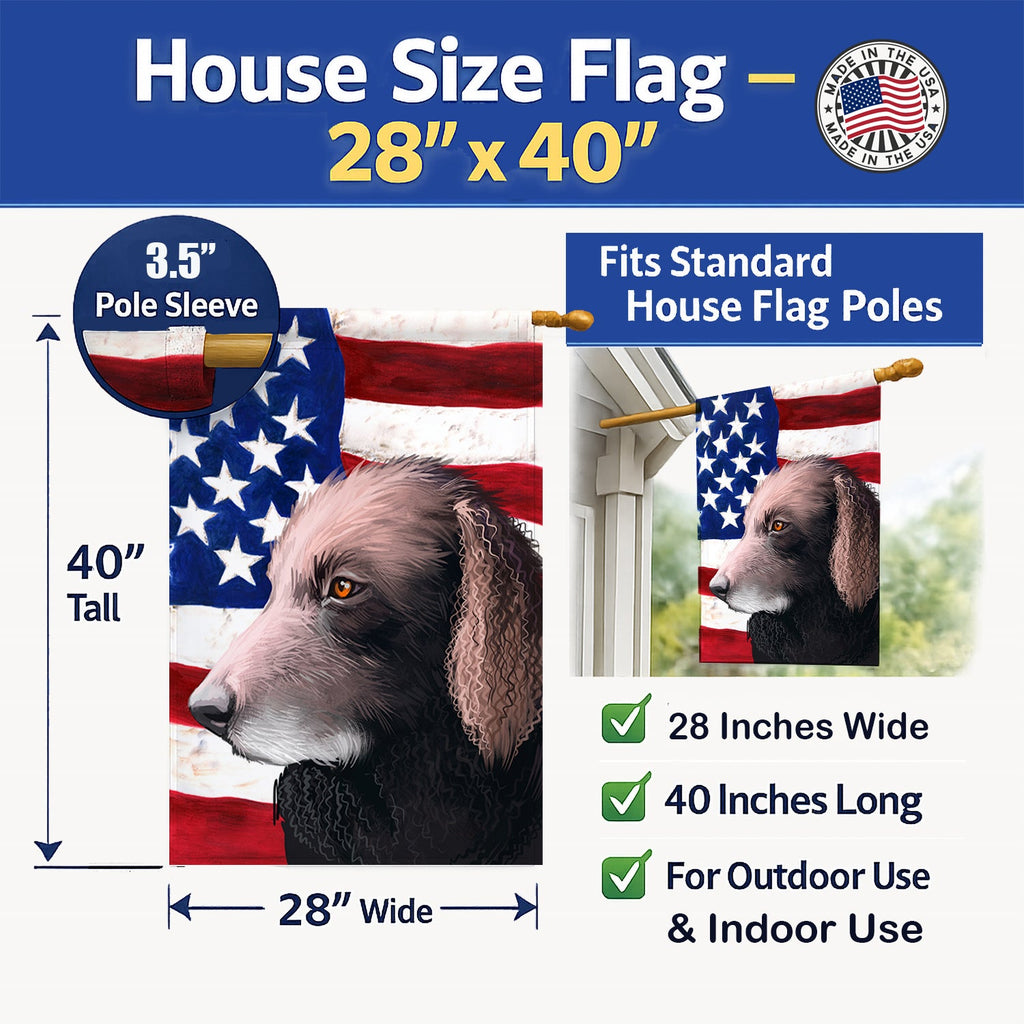 Curly-Coated Retriever American Flag House Flag 28x40 Porch Sleeve Pole Decorative Outside Yard Banner Artwork Wall Hanging, Polyester