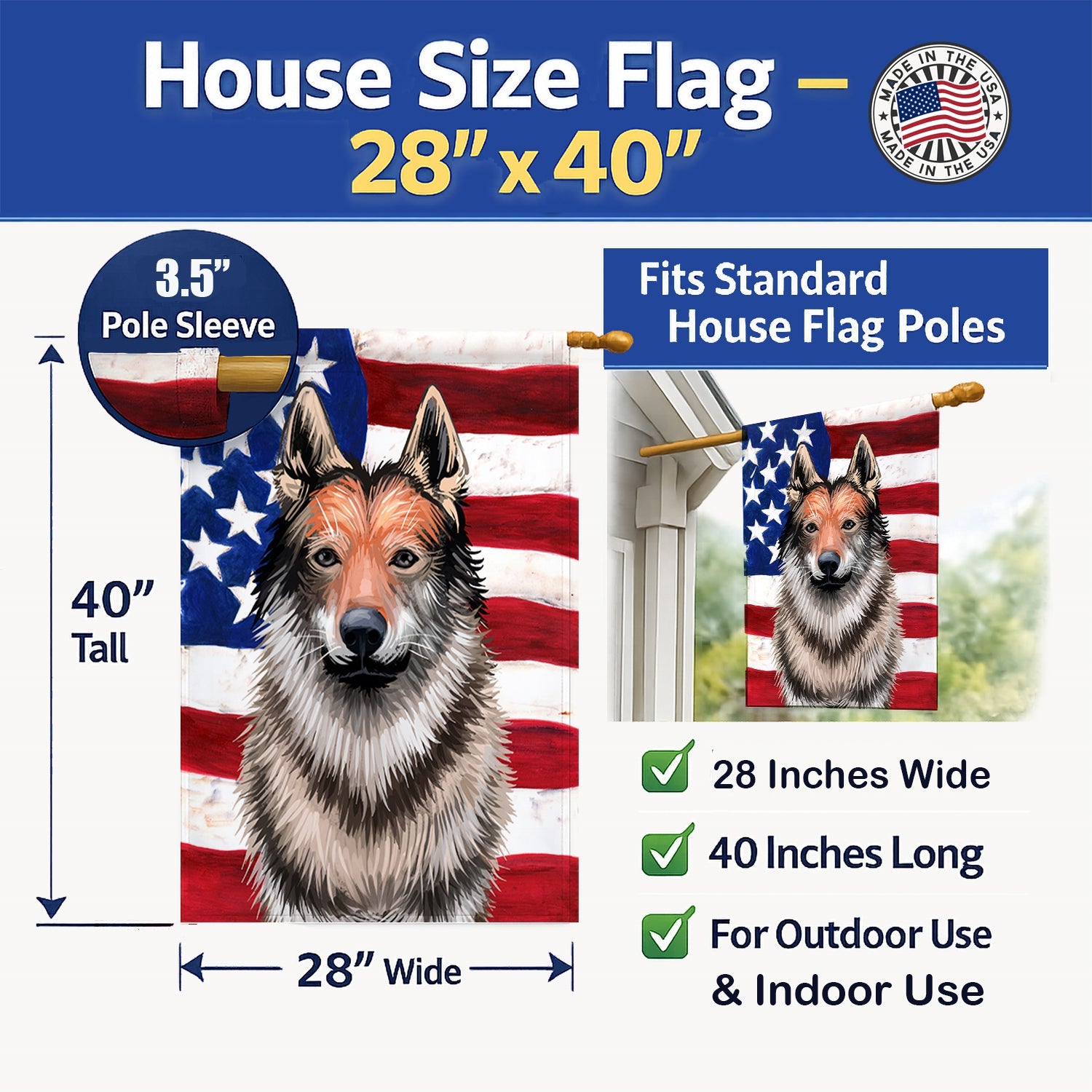 Czechoslovakian Wolfdog American Flag House Flag 28x40 Porch Sleeve Pole Decorative Outside Yard Banner Artwork Wall Hanging, Polyester