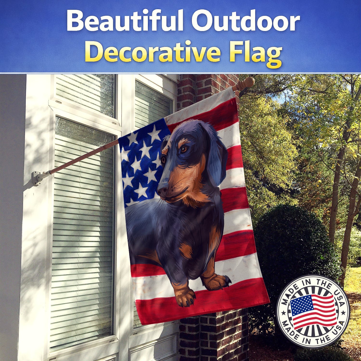 Dachshund Dog American Flag House Flag 28x40 Porch Sleeve Pole Decorative Outside Yard Banner Artwork Wall Hanging, Polyester