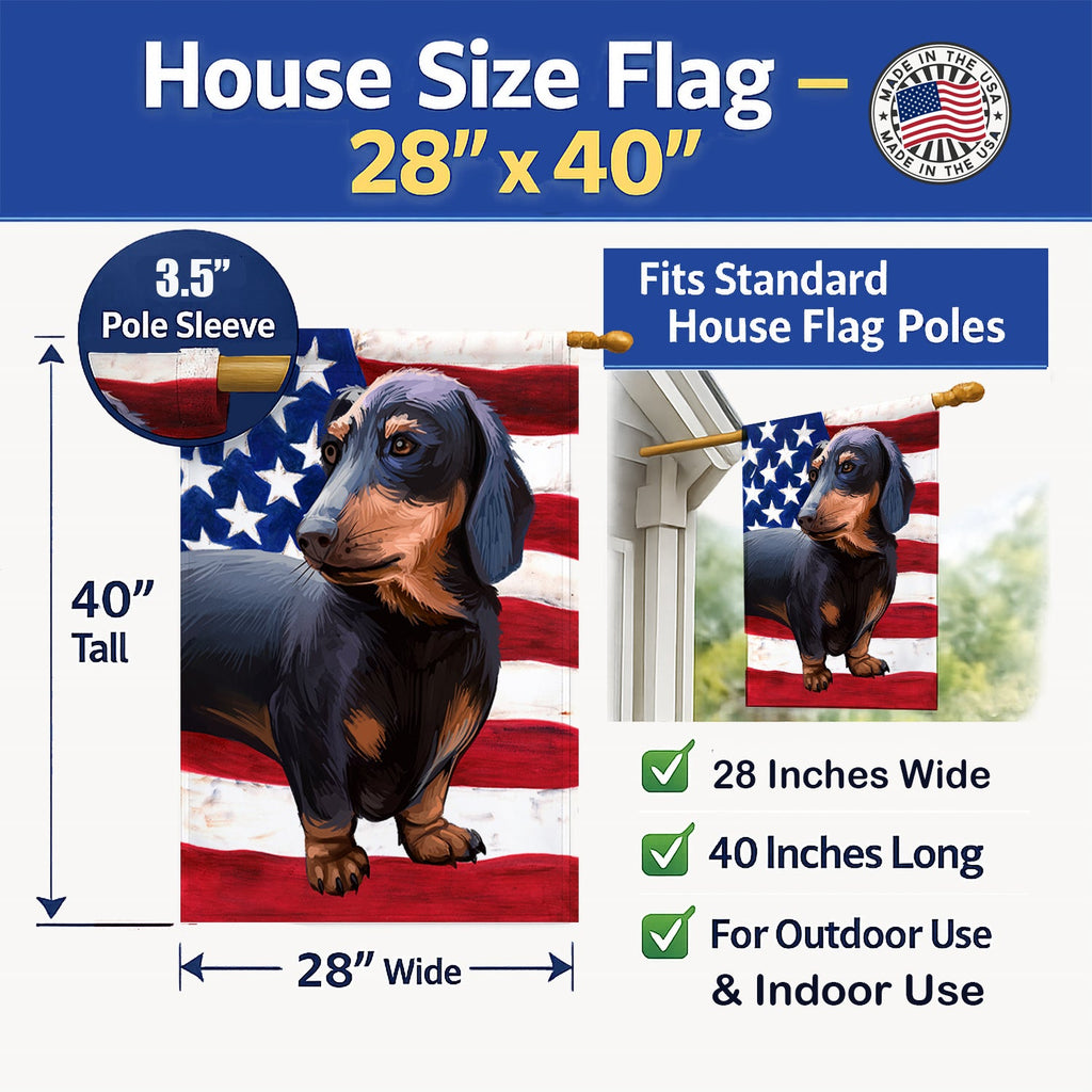 Dachshund Dog American Flag House Flag 28x40 Porch Sleeve Pole Decorative Outside Yard Banner Artwork Wall Hanging, Polyester