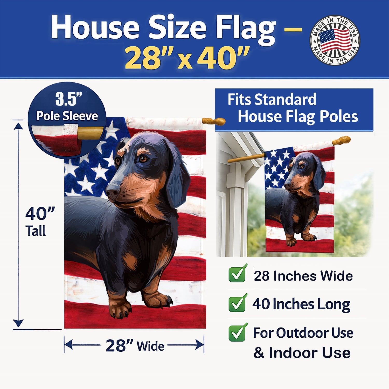 Dachshund Dog American Flag House Flag 28x40 Porch Sleeve Pole Decorative Outside Yard Banner Artwork Wall Hanging, Polyester