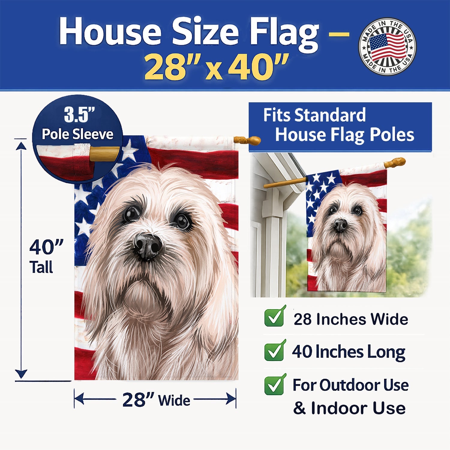Dandie Dinmont Terrier American Flag House Flag 28x40 Porch Sleeve Pole Decorative Outside Yard Banner Artwork Wall Hanging, Polyester