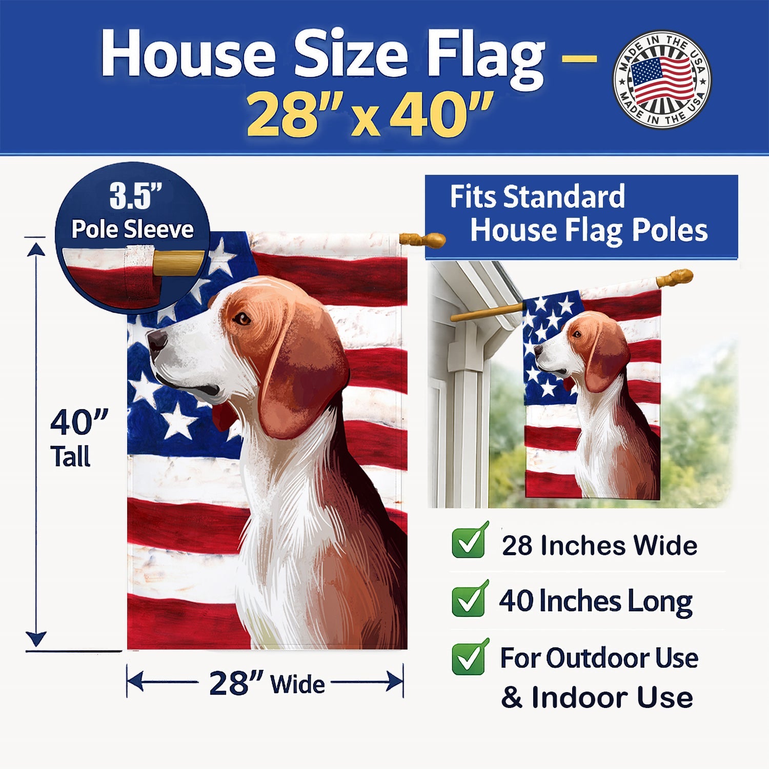 Deutsche Bracke Dog American Flag House Flag 28x40 Porch Sleeve Pole Decorative Outside Yard Banner Artwork Wall Hanging, Polyester