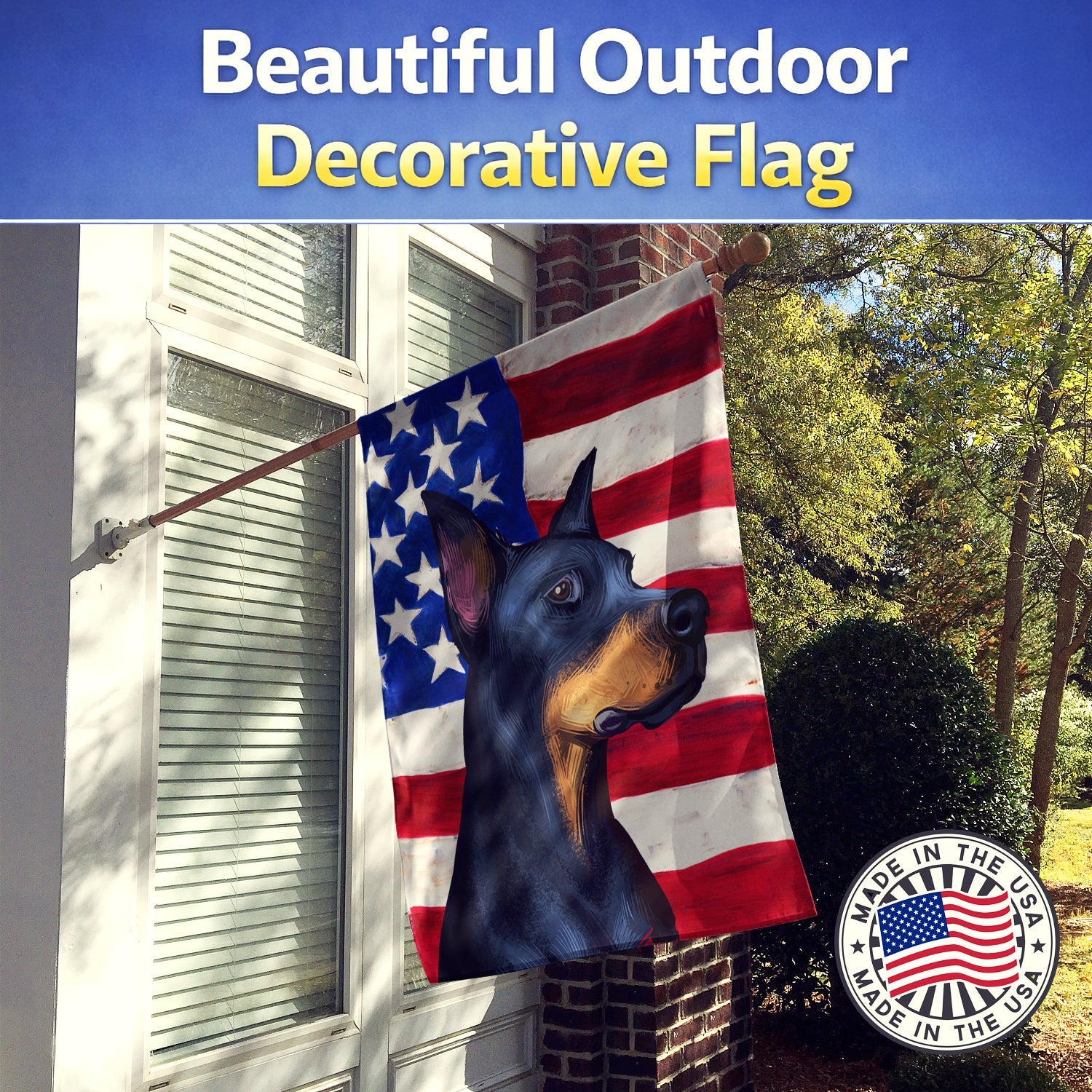 Doberman Pinscher Dog American Flag House Flag 28x40 Porch Sleeve Pole Decorative Outside Yard Banner Artwork Wall Hanging, Polyester
