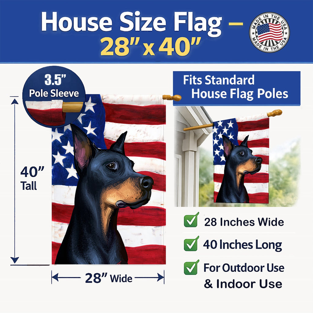 Doberman Pinscher Dog American Flag House Flag 28x40 Porch Sleeve Pole Decorative Outside Yard Banner Artwork Wall Hanging, Polyester