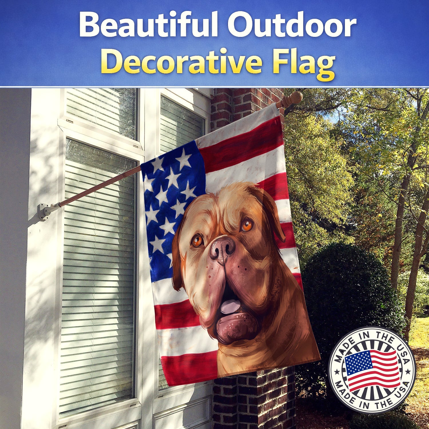 Dogue de Bordeaux Dog American Flag House Flag 28x40 Porch Sleeve Pole Decorative Outside Yard Banner Artwork Wall Hanging, Polyester