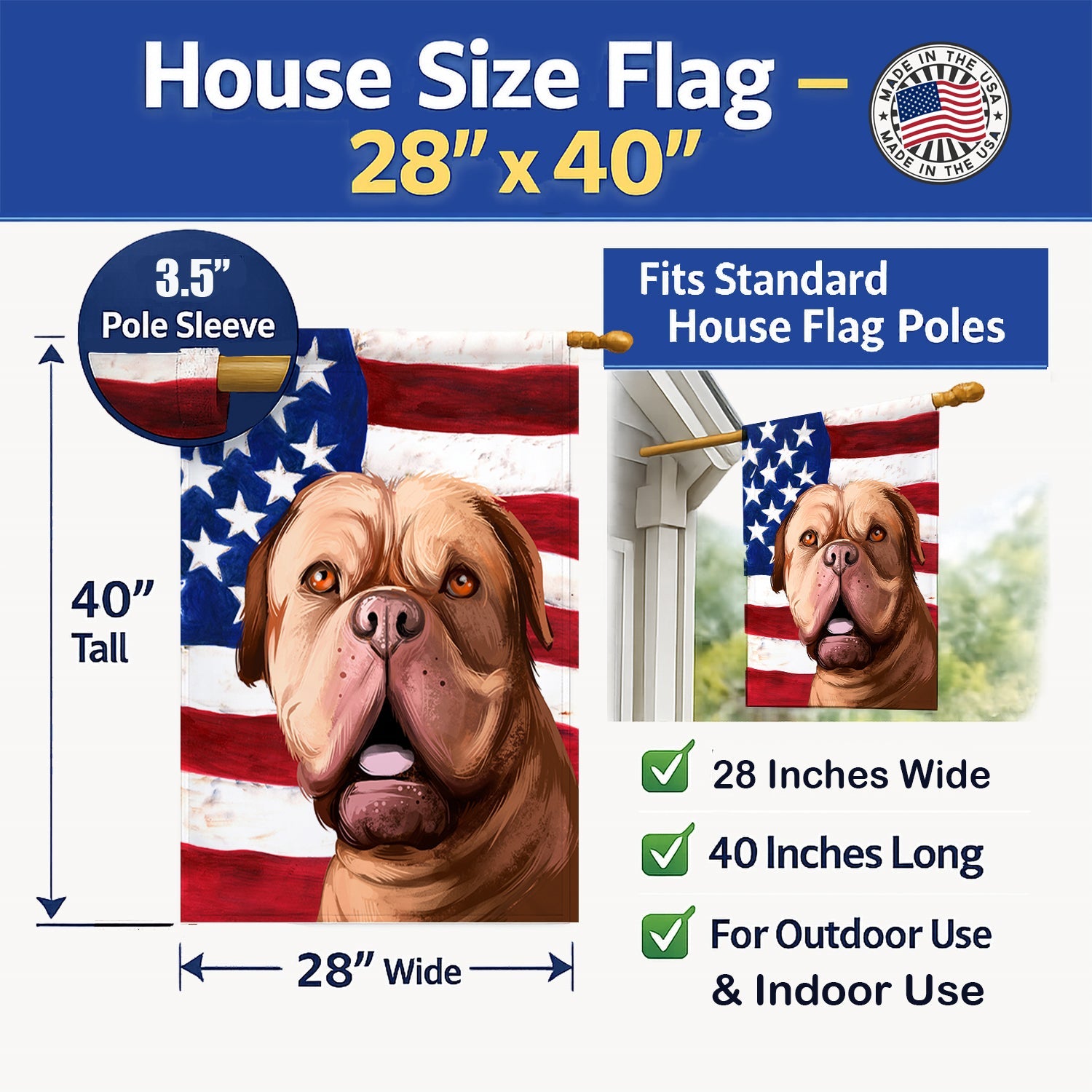 Dogue de Bordeaux Dog American Flag House Flag 28x40 Porch Sleeve Pole Decorative Outside Yard Banner Artwork Wall Hanging, Polyester