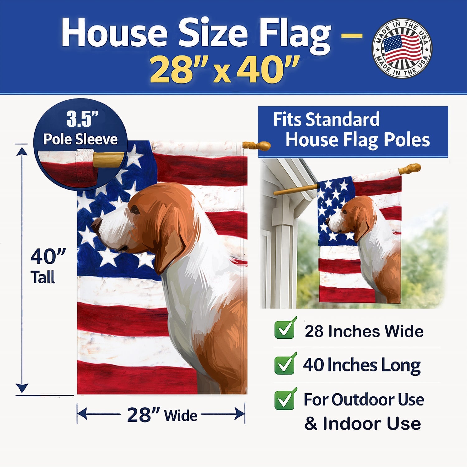 Drever Dog American Flag House Flag 28x40 Porch Sleeve Pole Decorative Outside Yard Banner Artwork Wall Hanging, Polyester