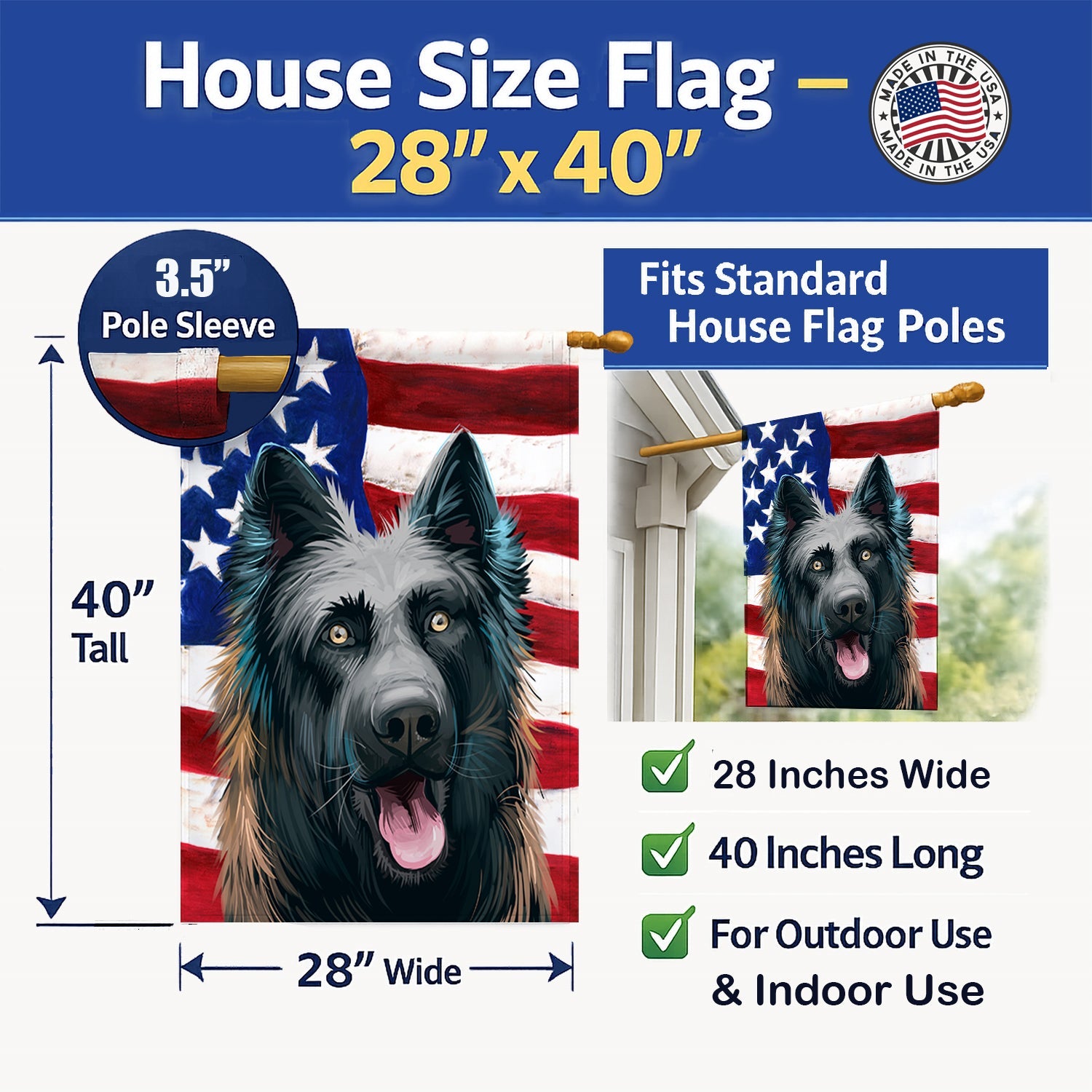 Dutch Shepherd Dog American Flag House Flag 28x40 Porch Sleeve Pole Decorative Outside Yard Banner Artwork Wall Hanging, Polyester