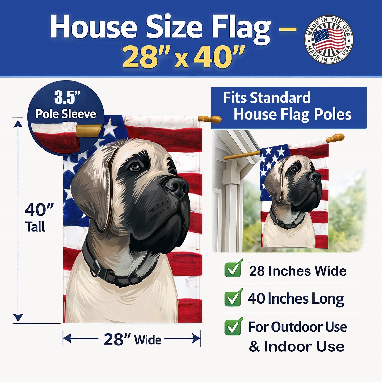 English Mastiff Dog American Flag House Flag 28x40 Porch Sleeve Pole Decorative Outside Yard Banner Artwork Wall Hanging, Polyester