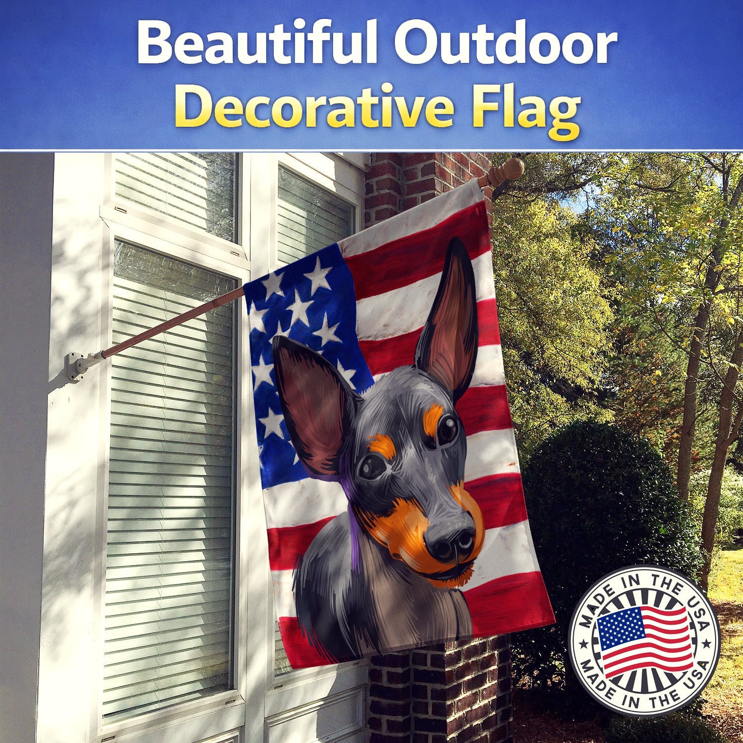 English Toy Terrier American Flag House Flag 28x40 Porch Sleeve Pole Decorative Outside Yard Banner Artwork Wall Hanging, Polyester