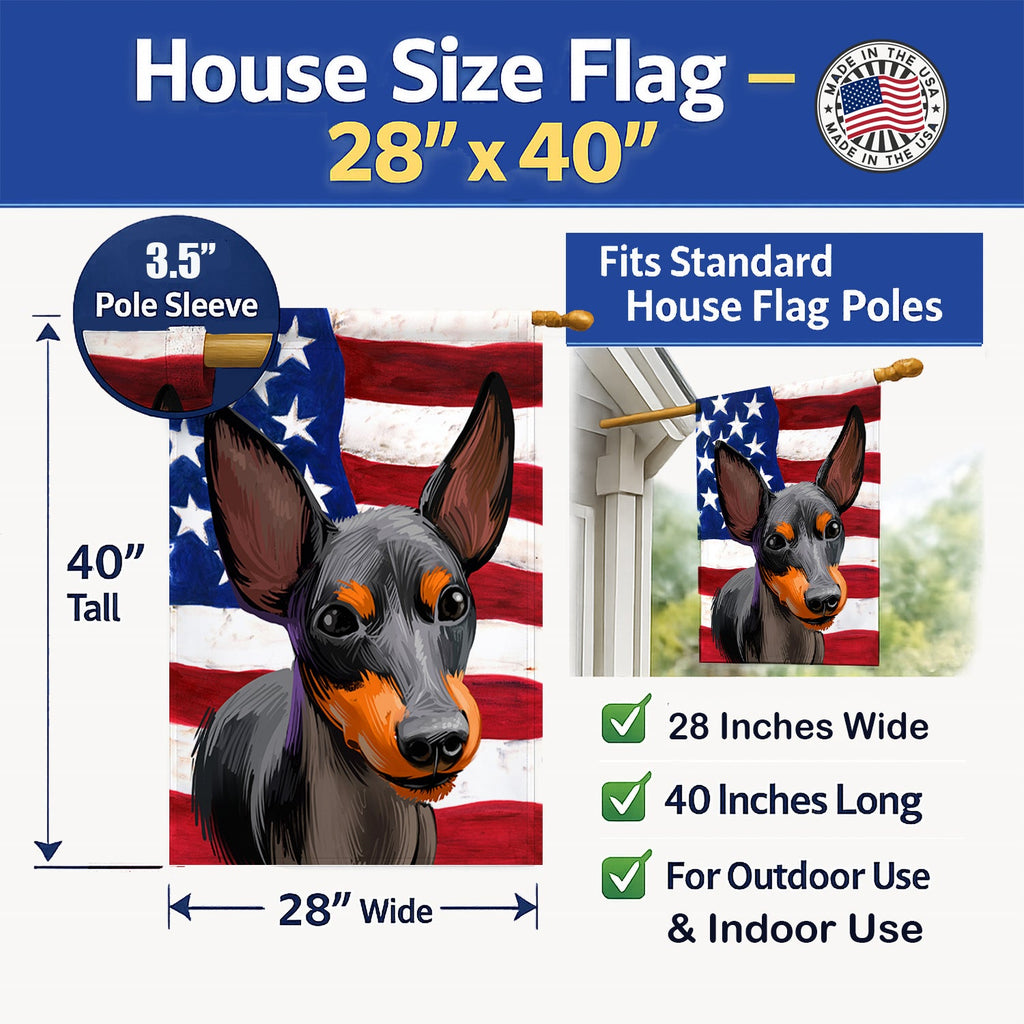English Toy Terrier American Flag House Flag 28x40 Porch Sleeve Pole Decorative Outside Yard Banner Artwork Wall Hanging, Polyester