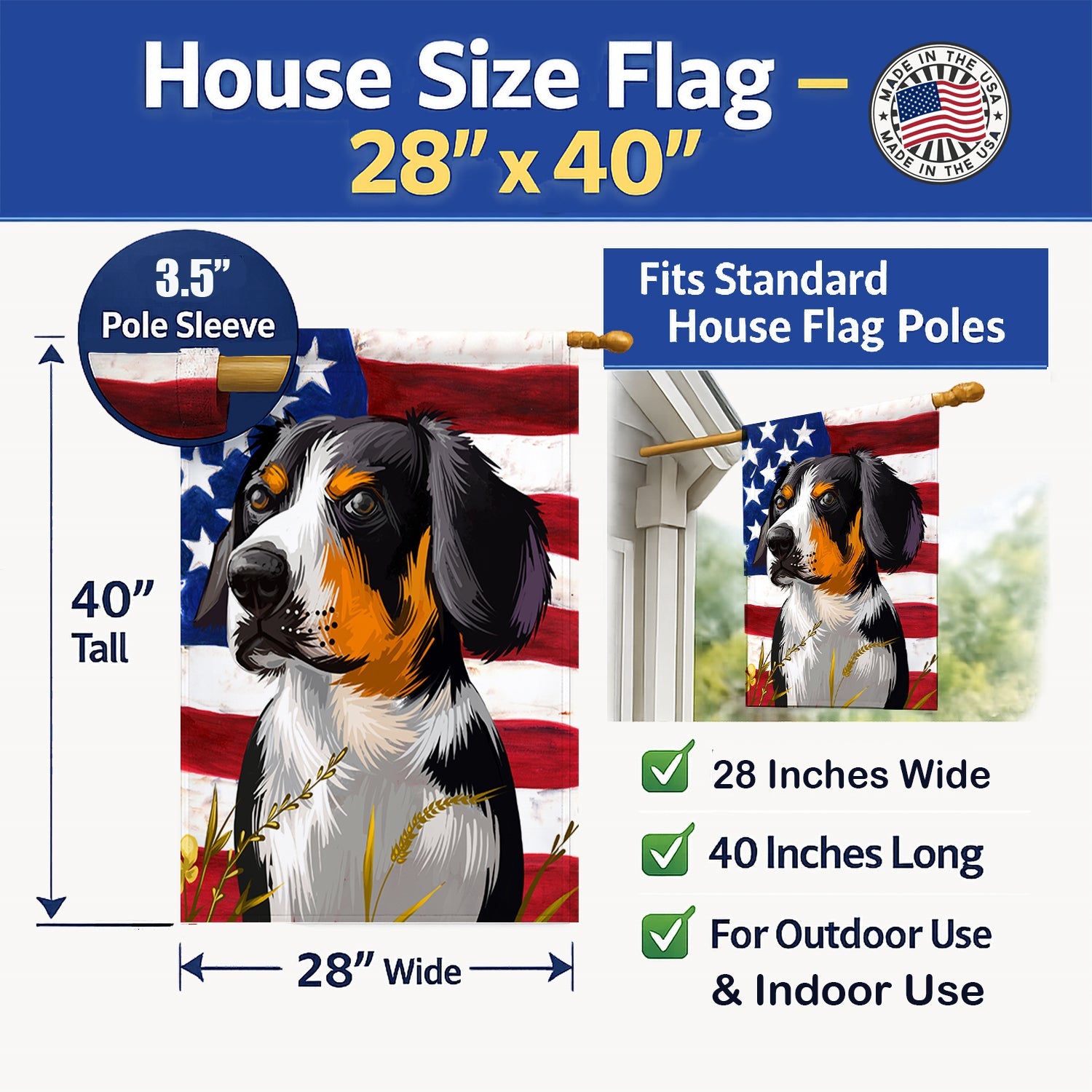 Entlebucher Mountain Dog American Flag House Flag 28x40 Porch Sleeve Pole Decorative Outside Yard Banner Artwork Wall Hanging, Polyester
