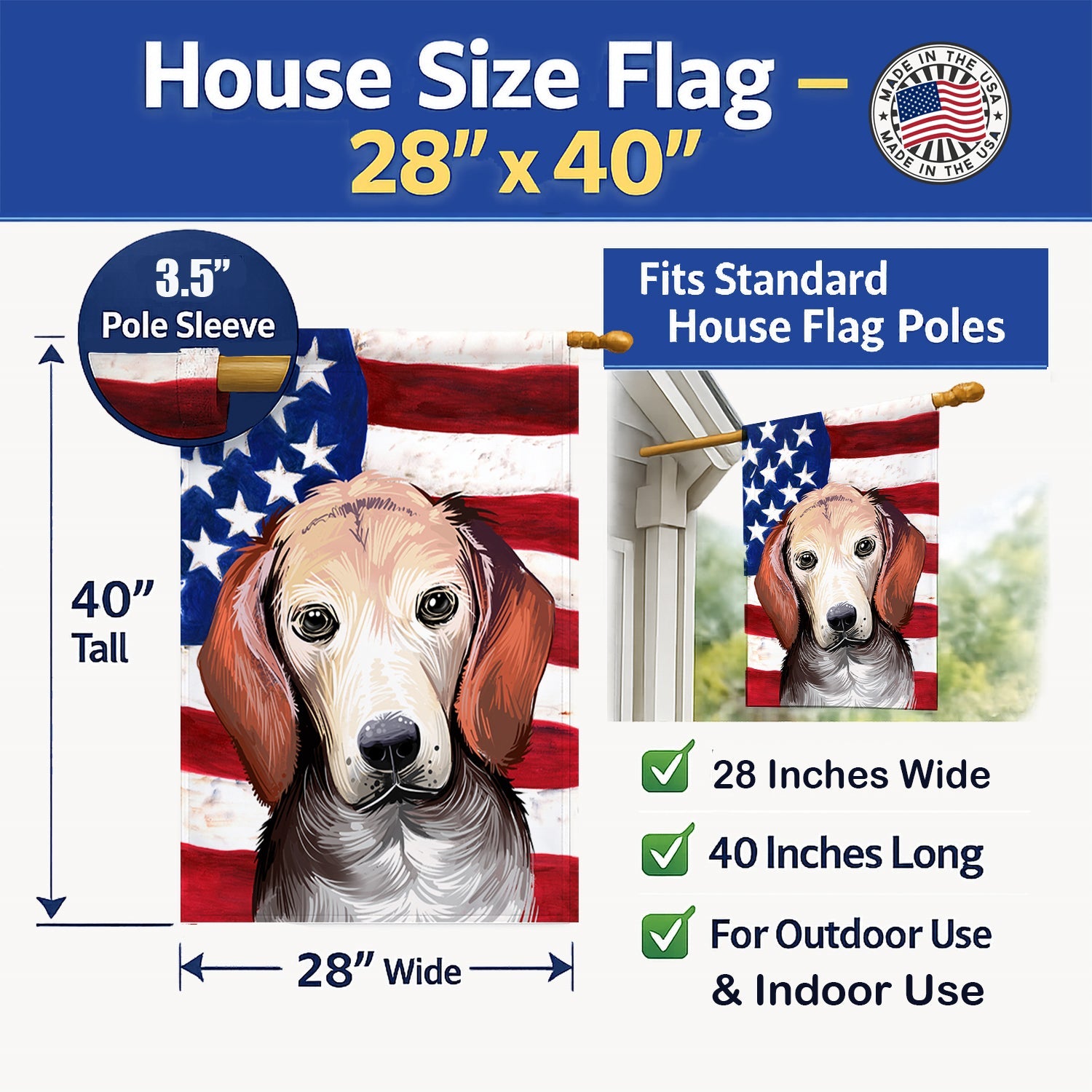 Estonian Hound Dog American Flag House Flag 28x40 Porch Sleeve Pole Decorative Outside Yard Banner Artwork Wall Hanging, Polyester