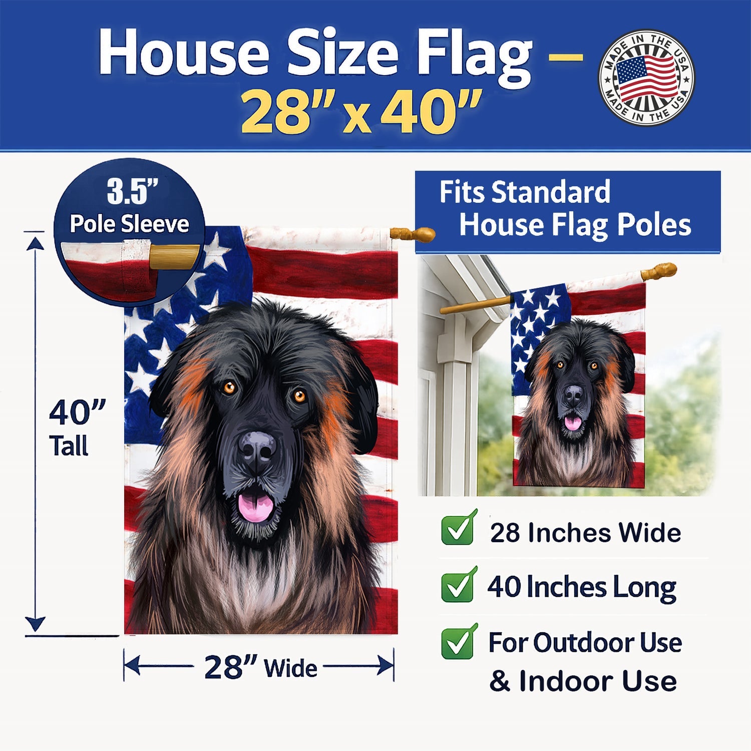 Estrela Mountain Dog American Flag House Flag 28x40 Porch Sleeve Pole Decorative Outside Yard Banner Artwork Wall Hanging, Polyester