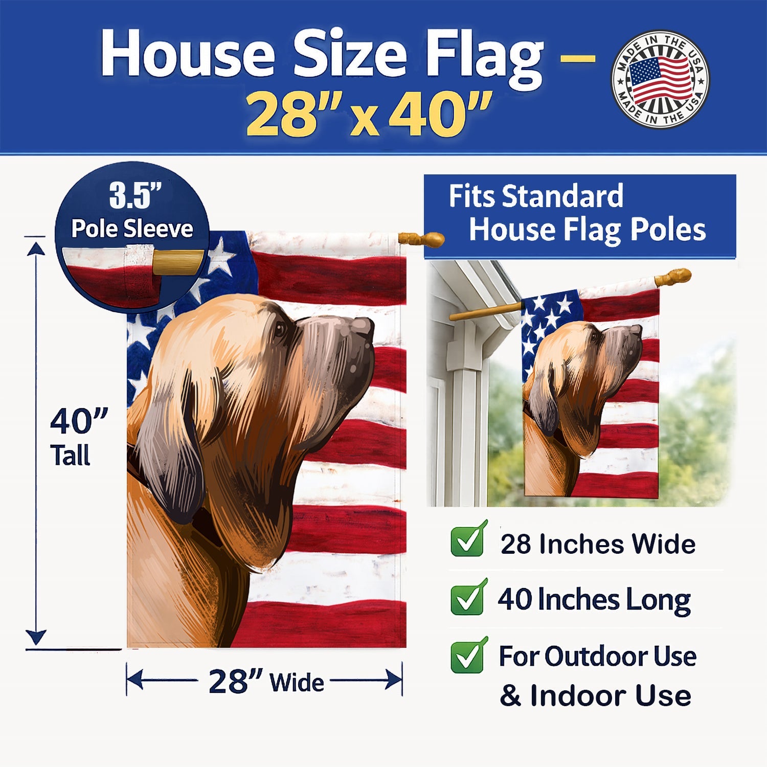 Fila Brasileiro Dog American Flag House Flag 28x40 Porch Sleeve Pole Decorative Outside Yard Banner Artwork Wall Hanging, Polyester