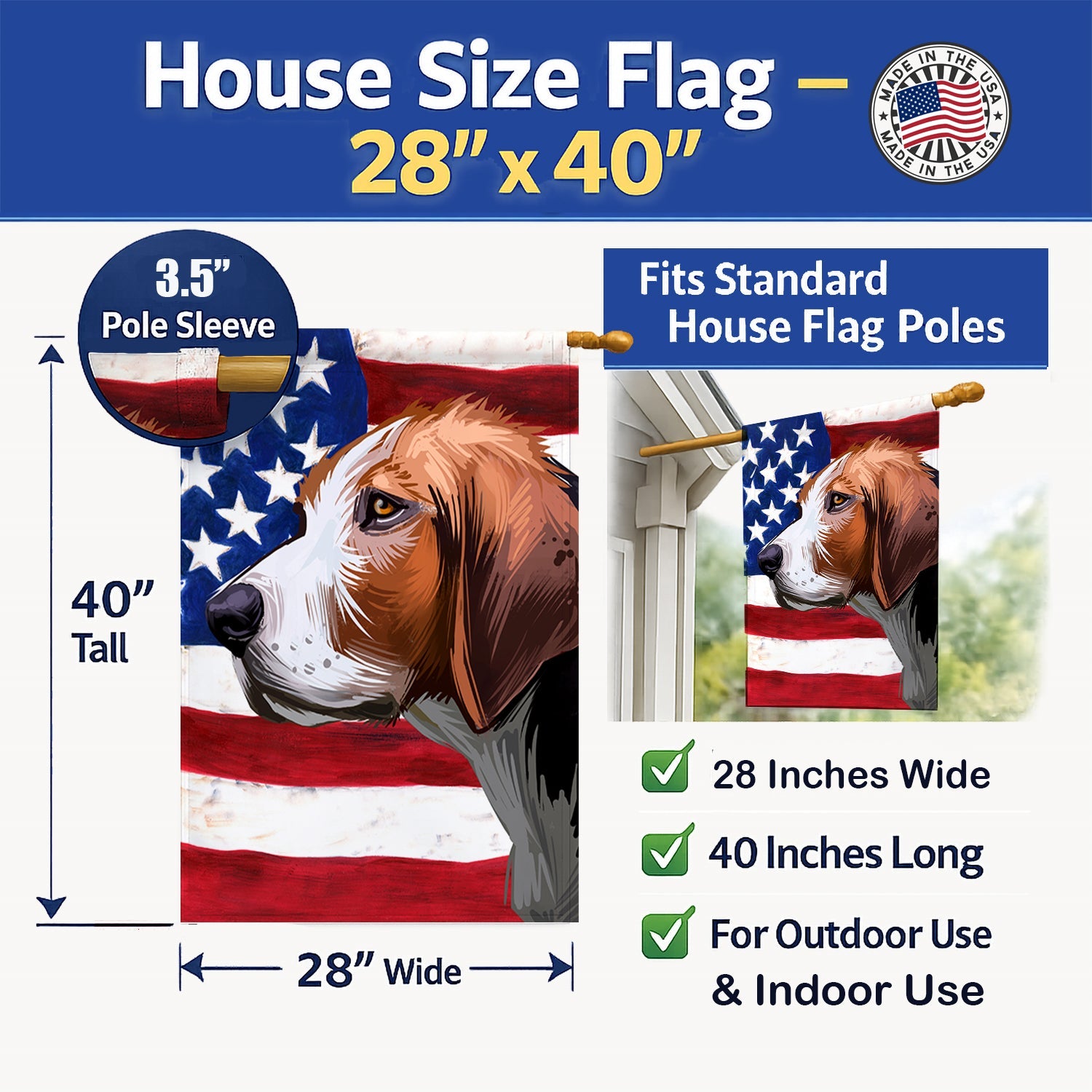 Finnish hound Dog American Flag House Flag 28x40 Porch Sleeve Pole Decorative Outside Yard Banner Artwork Wall Hanging, Polyester
