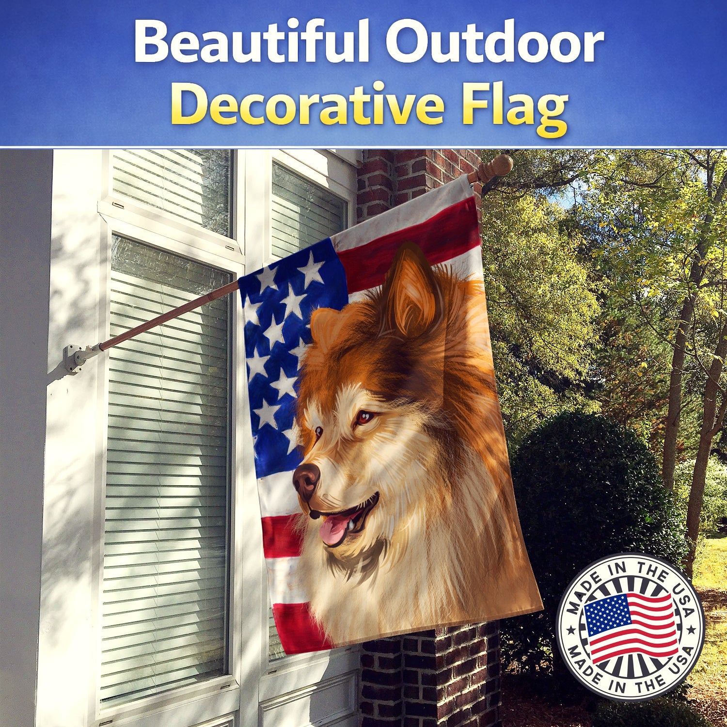 Finnish Lapphund Dog American Flag House Flag 28x40 Porch Sleeve Pole Decorative Outside Yard Banner Artwork Wall Hanging, Polyester