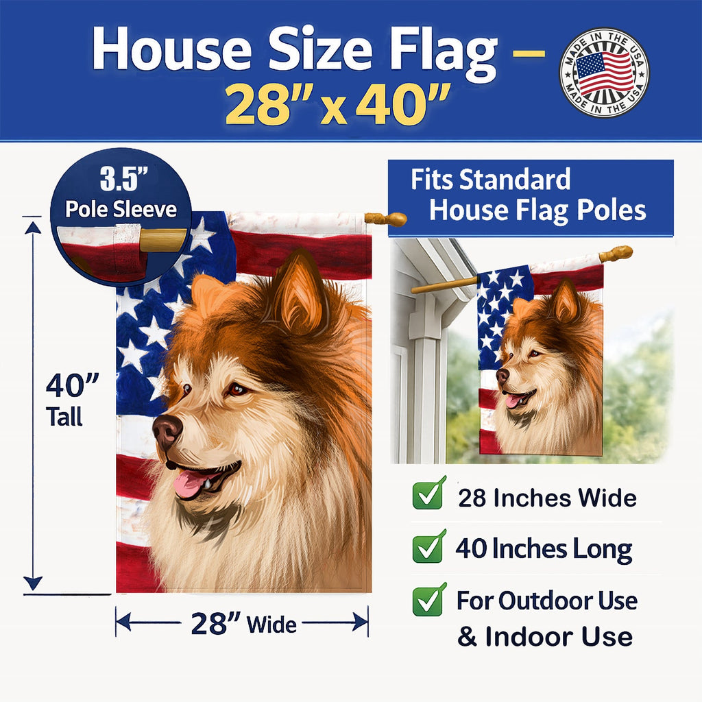 Finnish Lapphund Dog American Flag House Flag 28x40 Porch Sleeve Pole Decorative Outside Yard Banner Artwork Wall Hanging, Polyester