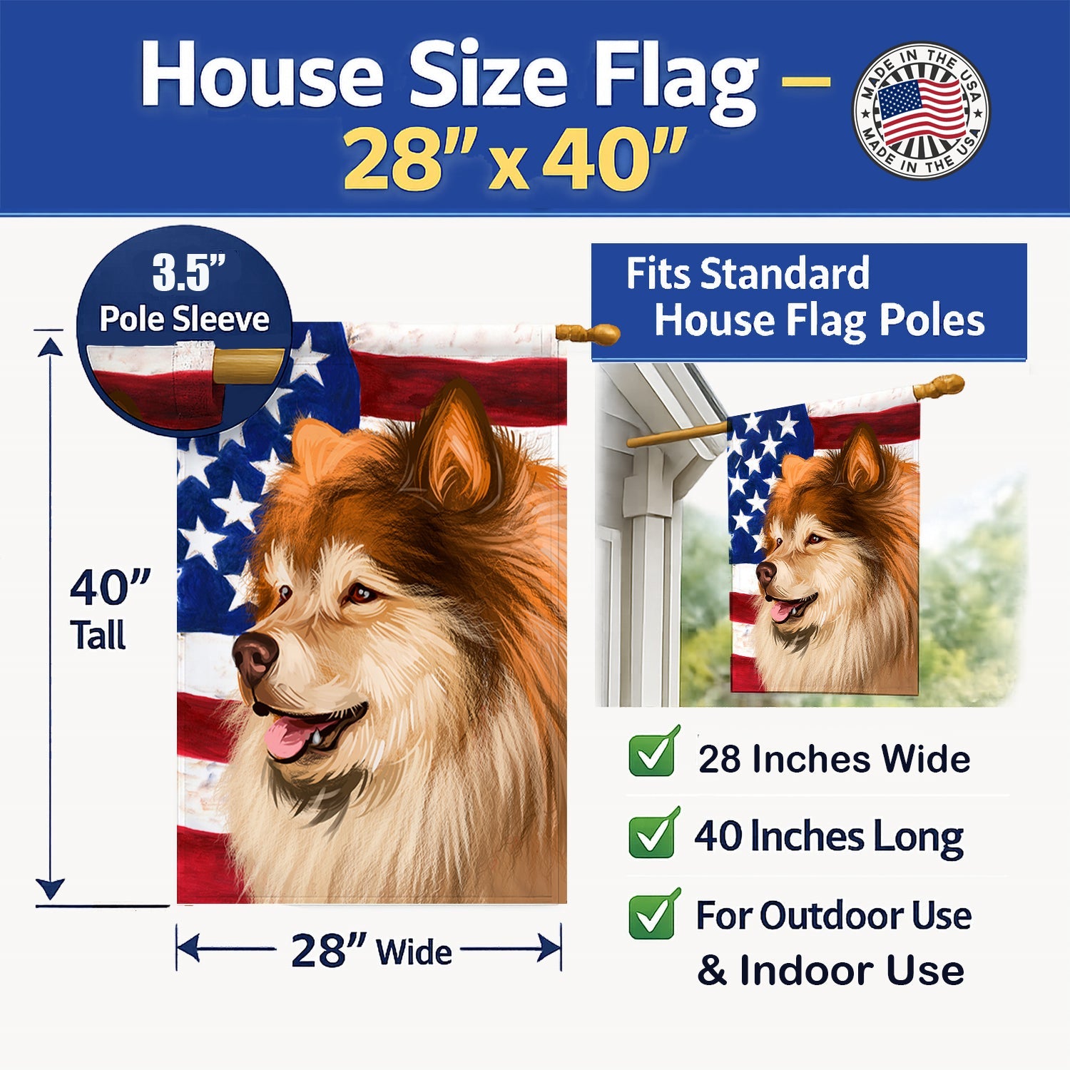 Finnish Lapphund Dog American Flag House Flag 28x40 Porch Sleeve Pole Decorative Outside Yard Banner Artwork Wall Hanging, Polyester