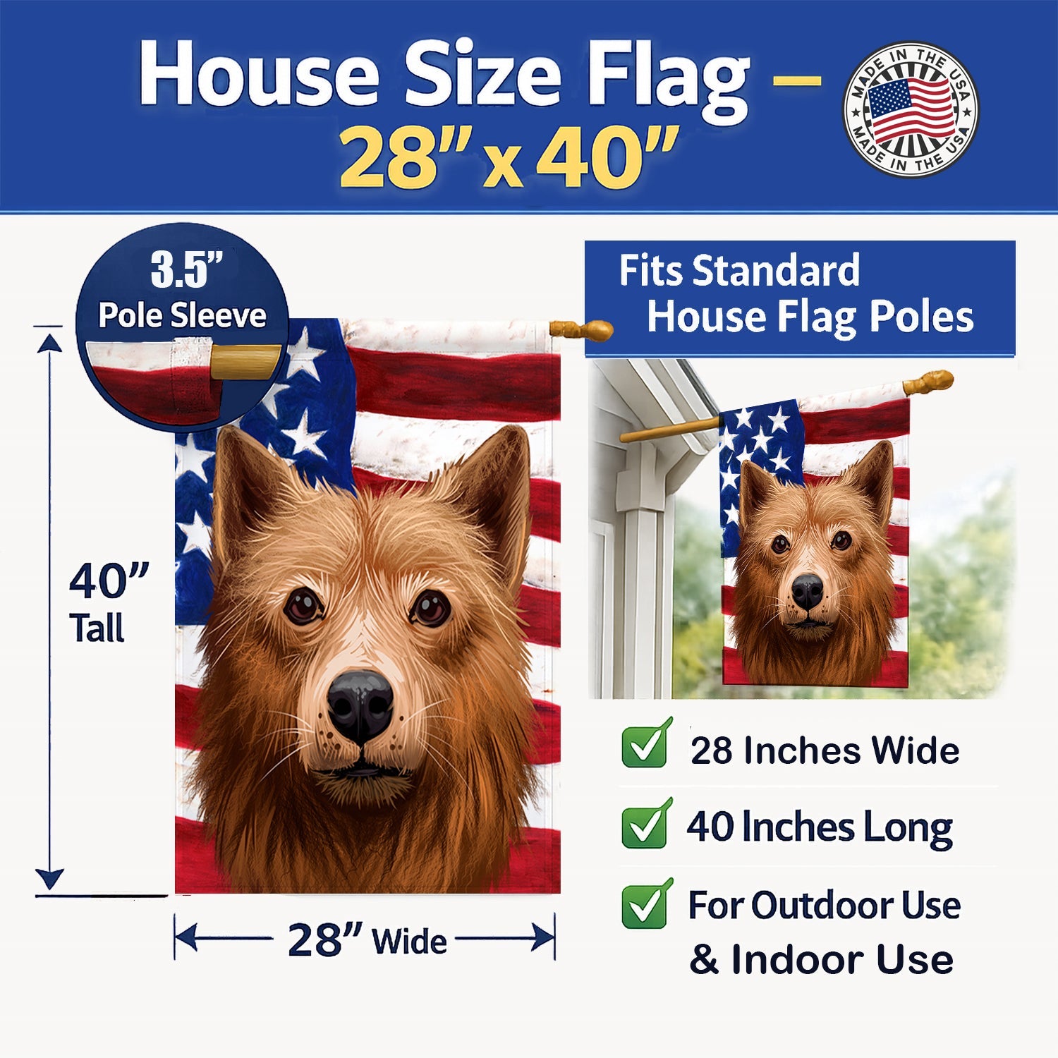 Finnish Spitz Dog American Flag House Flag 28x40 Porch Sleeve Pole Decorative Outside Yard Banner Artwork Wall Hanging, Polyester