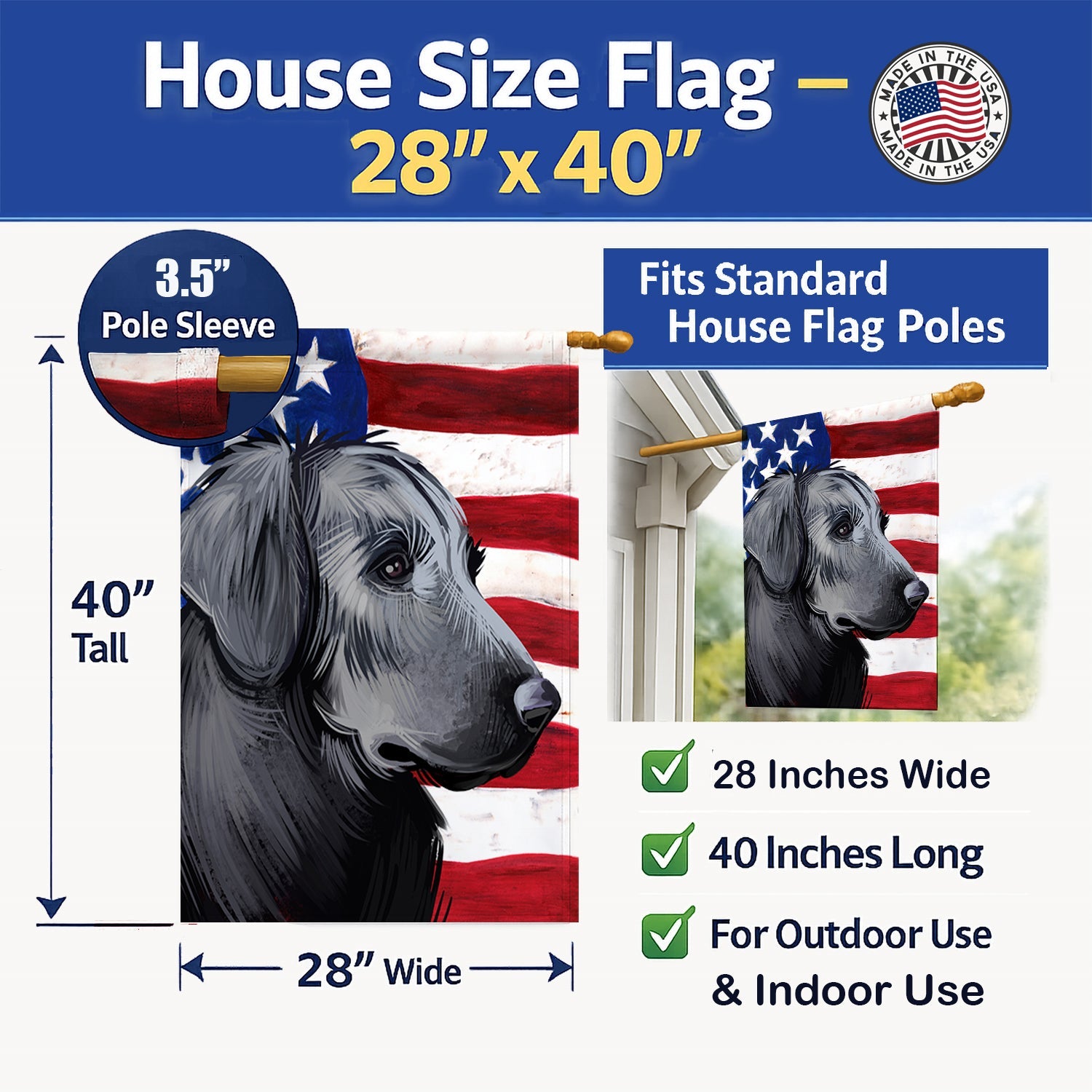 Flat-Coated Retriever American Flag House Flag 28x40 Porch Sleeve Pole Decorative Outside Yard Banner Artwork Wall Hanging, Polyester