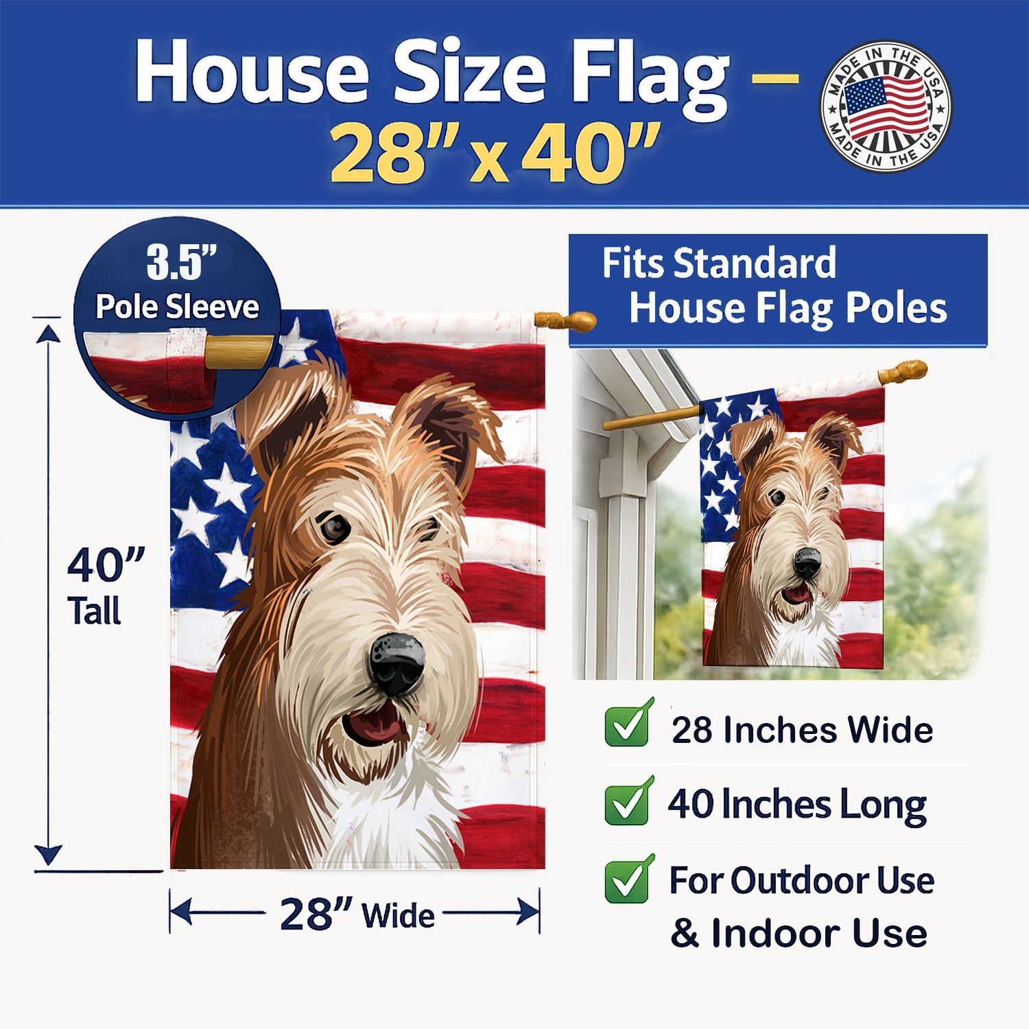 Fox Terrier Wire Dog American Flag House Flag 28x40 Porch Sleeve Pole Decorative Outside Yard Banner Artwork Wall Hanging, Polyester