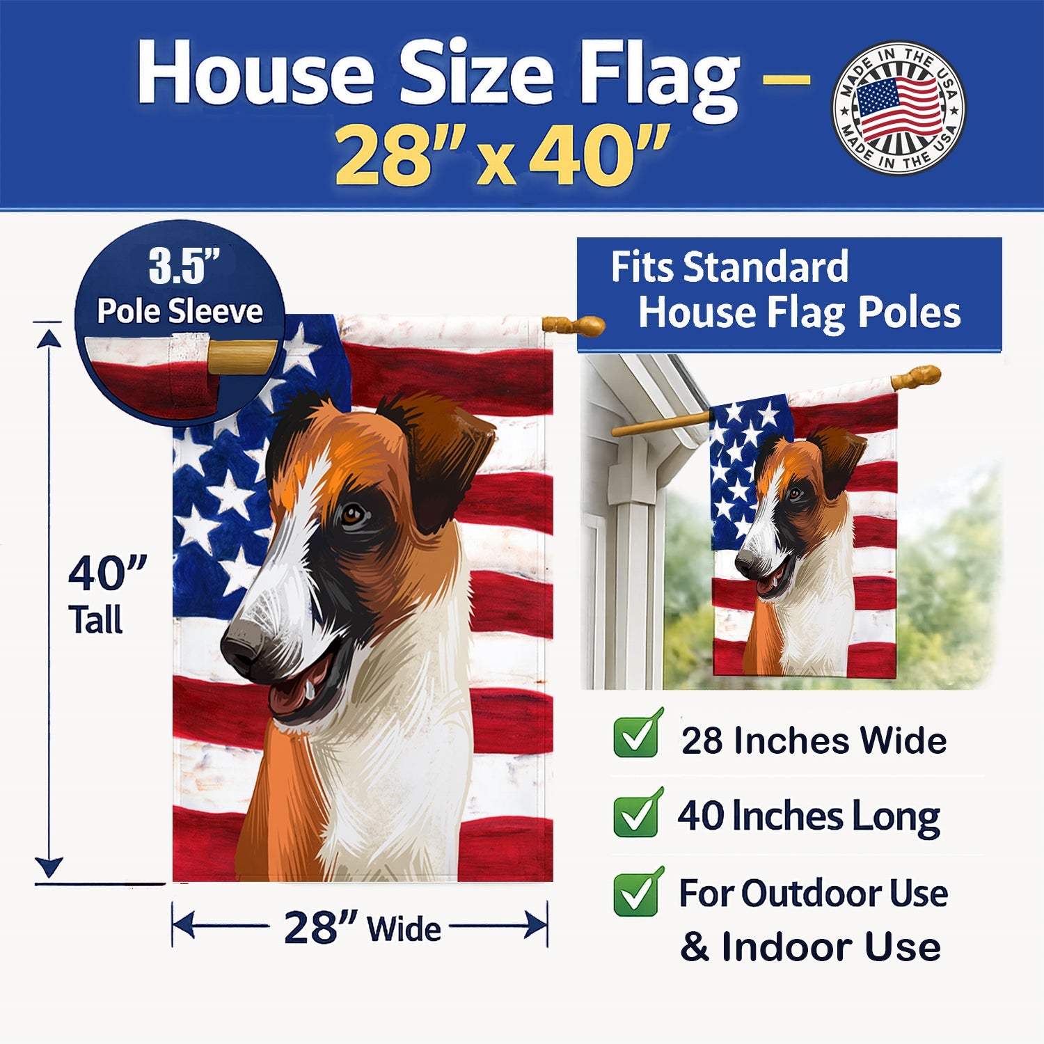 Fox Terrier Smooth Dog American Flag House Flag 28x40 Porch Sleeve Pole Decorative Outside Yard Banner Artwork Wall Hanging, Polyester